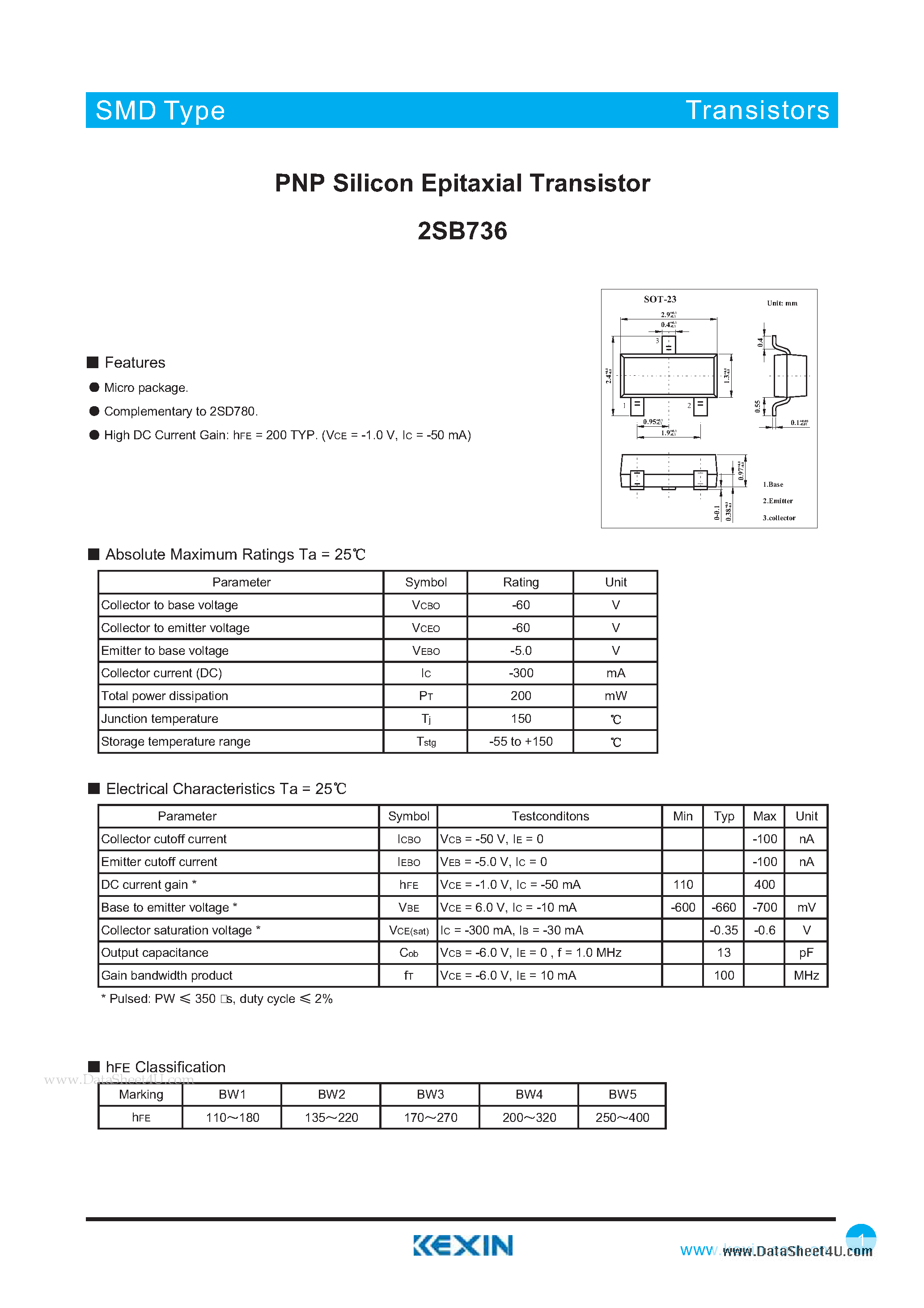 Datasheet 2SB736 page 1 Datasheet 2SB736 - PNP Silicon Epitaxial Transistor page 1