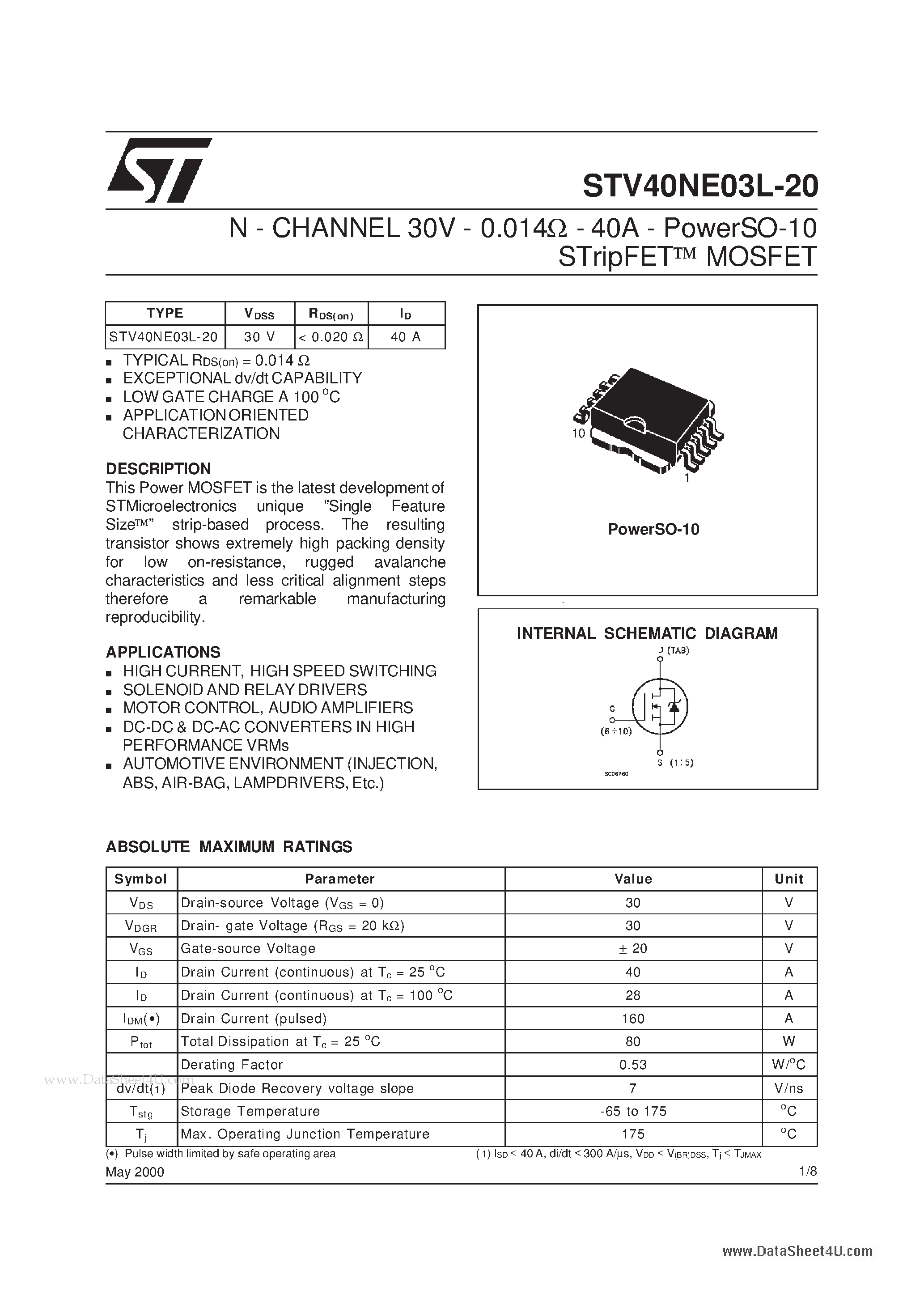 Datasheet STV40NE03L-20 - N - CHANNEL STripFET MOSFET page 1