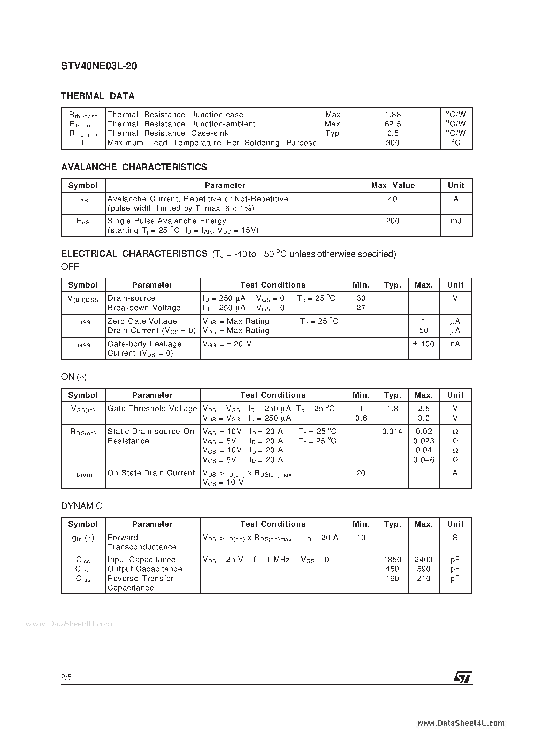 Datasheet STV40NE03L-20 - N - CHANNEL STripFET MOSFET page 2