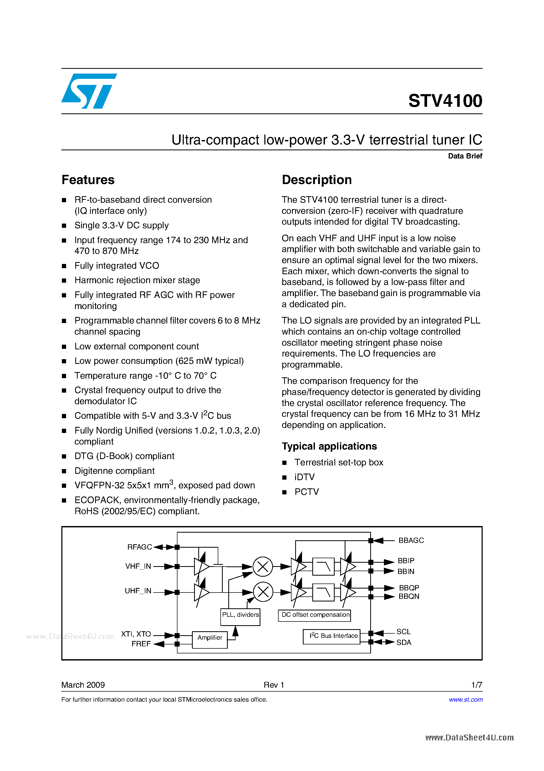 Datasheet STV4100 - Ultra-compact low-power 3.3-V terrestrial tuner IC page 1