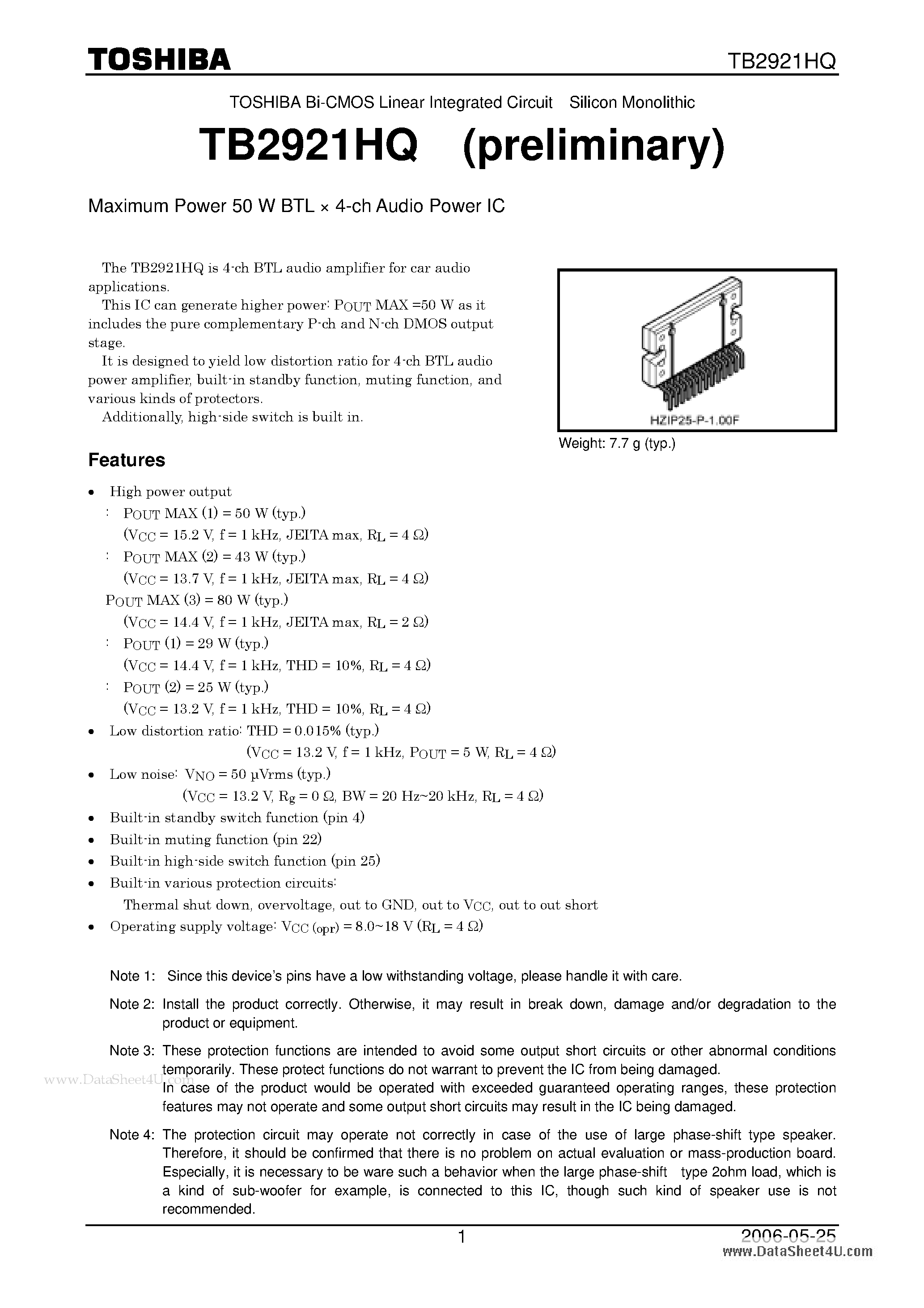 Datasheet TB2921HQ - Maximum Power 50 W BTL X 4-ch Audio Power IC page 1