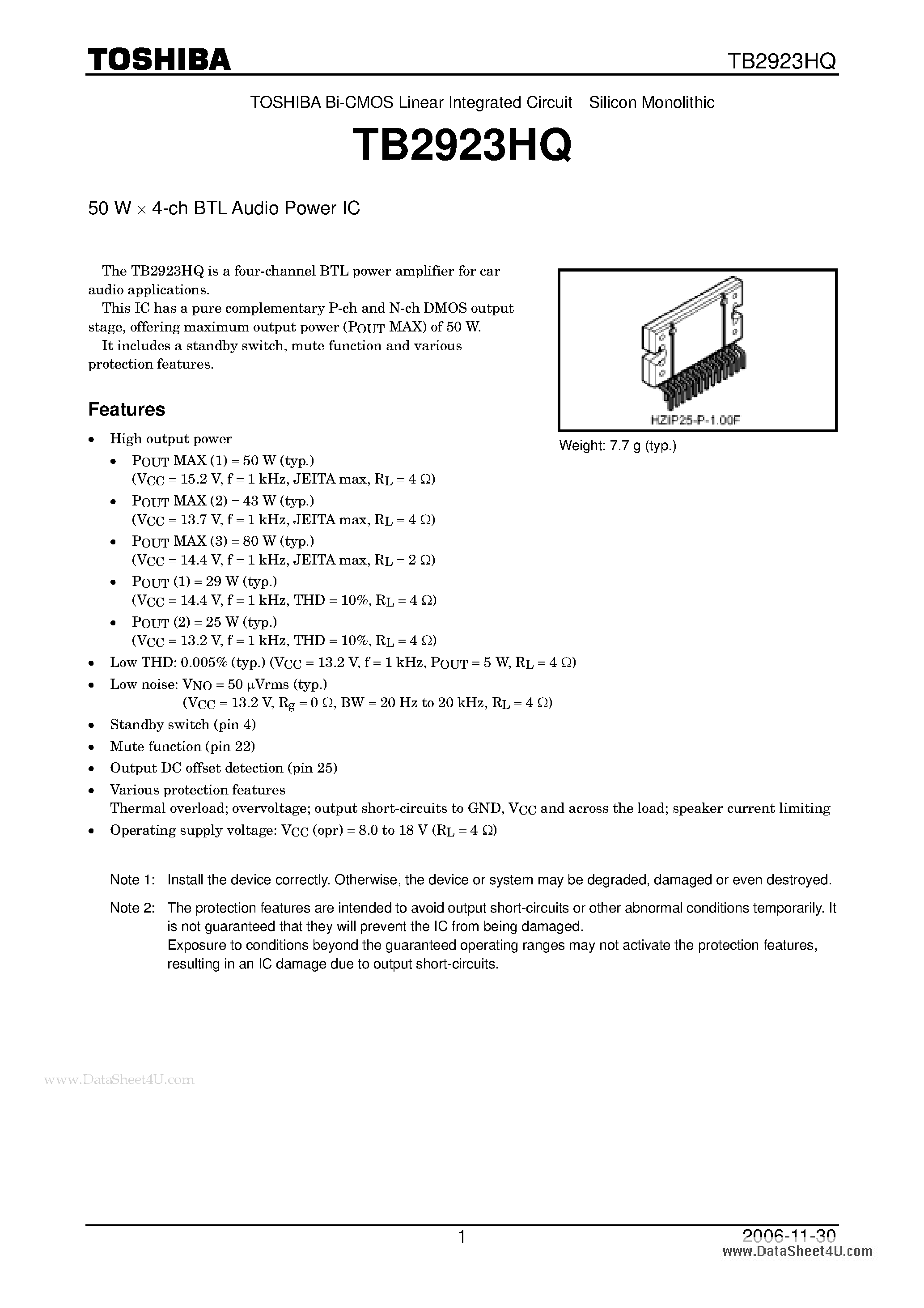 Datasheet TB2923HQ - 50 W X 4-ch BTL Audio Power IC page 1