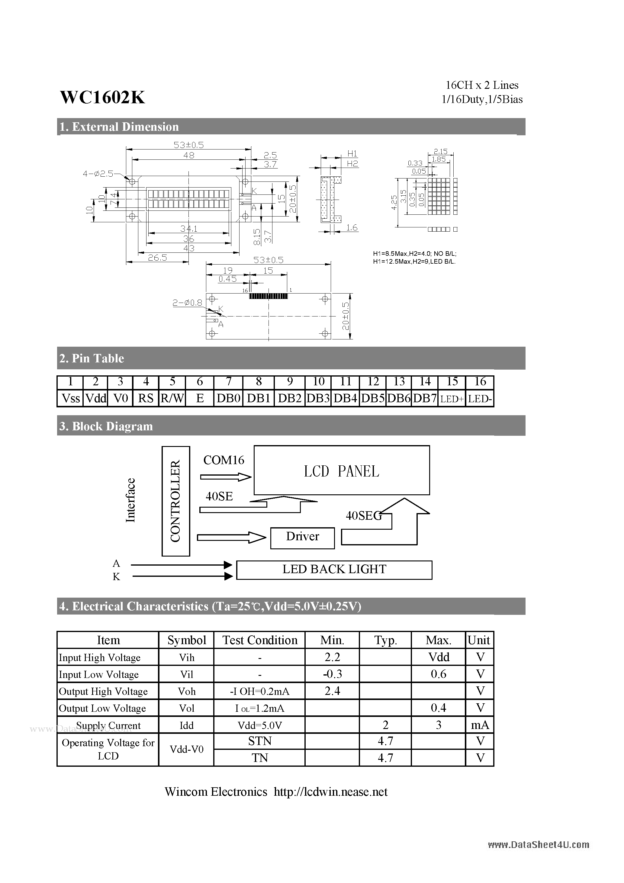 Даташит на микросхему WC1602K страница 1 Даташит WC1602K - 1/5Bias LCD страница 1