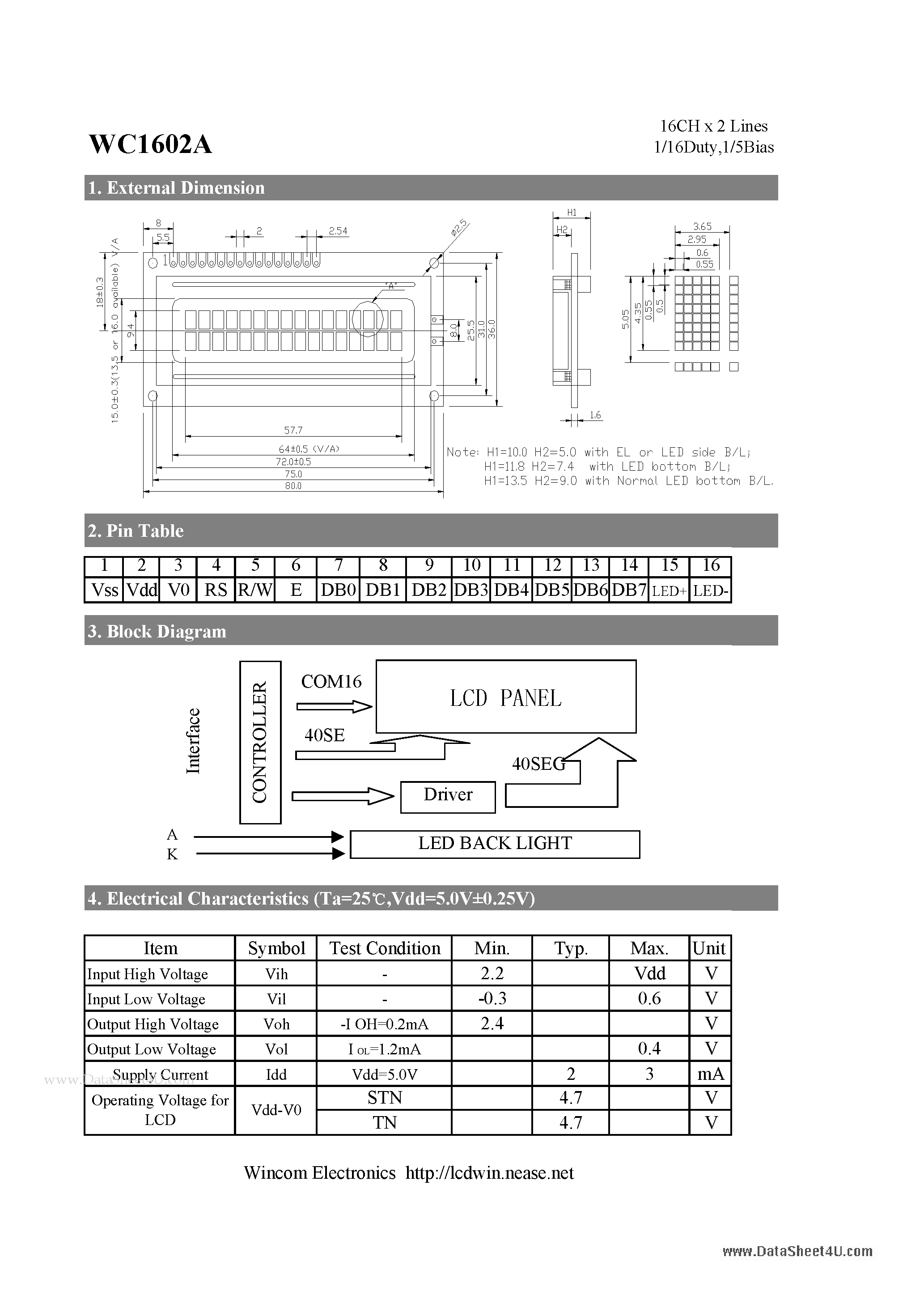 Datasheet WC1602A page 1 Datasheet WC1602A - 16CH x 2 Lines LCD page 1