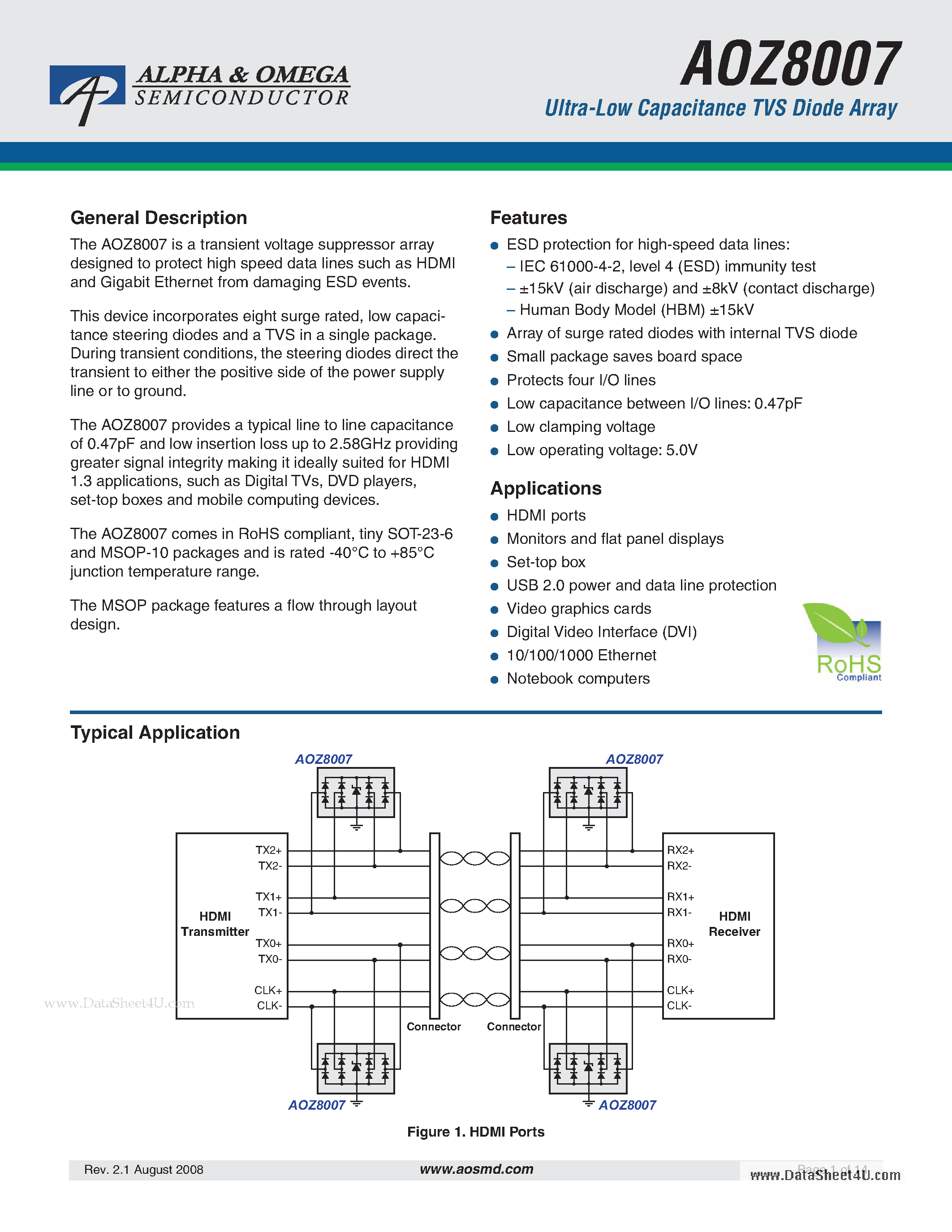 Datasheet AOZ8007 page 1 Datasheet AOZ8007 - Ultra-Low Capacitance TVS Diode Array page 1