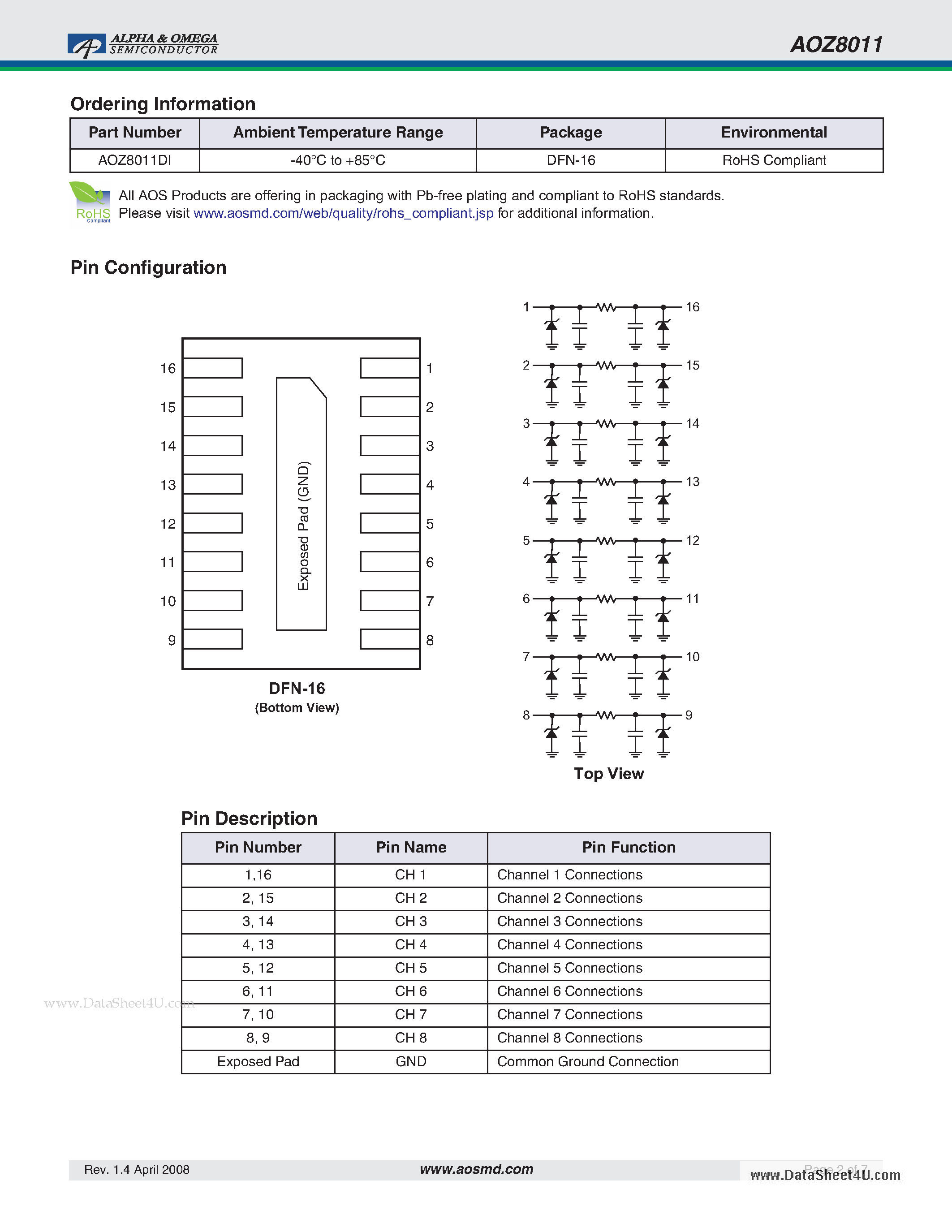 Даташит на микросхему AOZ8011 страница 2 Даташит AOZ8011 - 8-Line EMI Filter страница 2