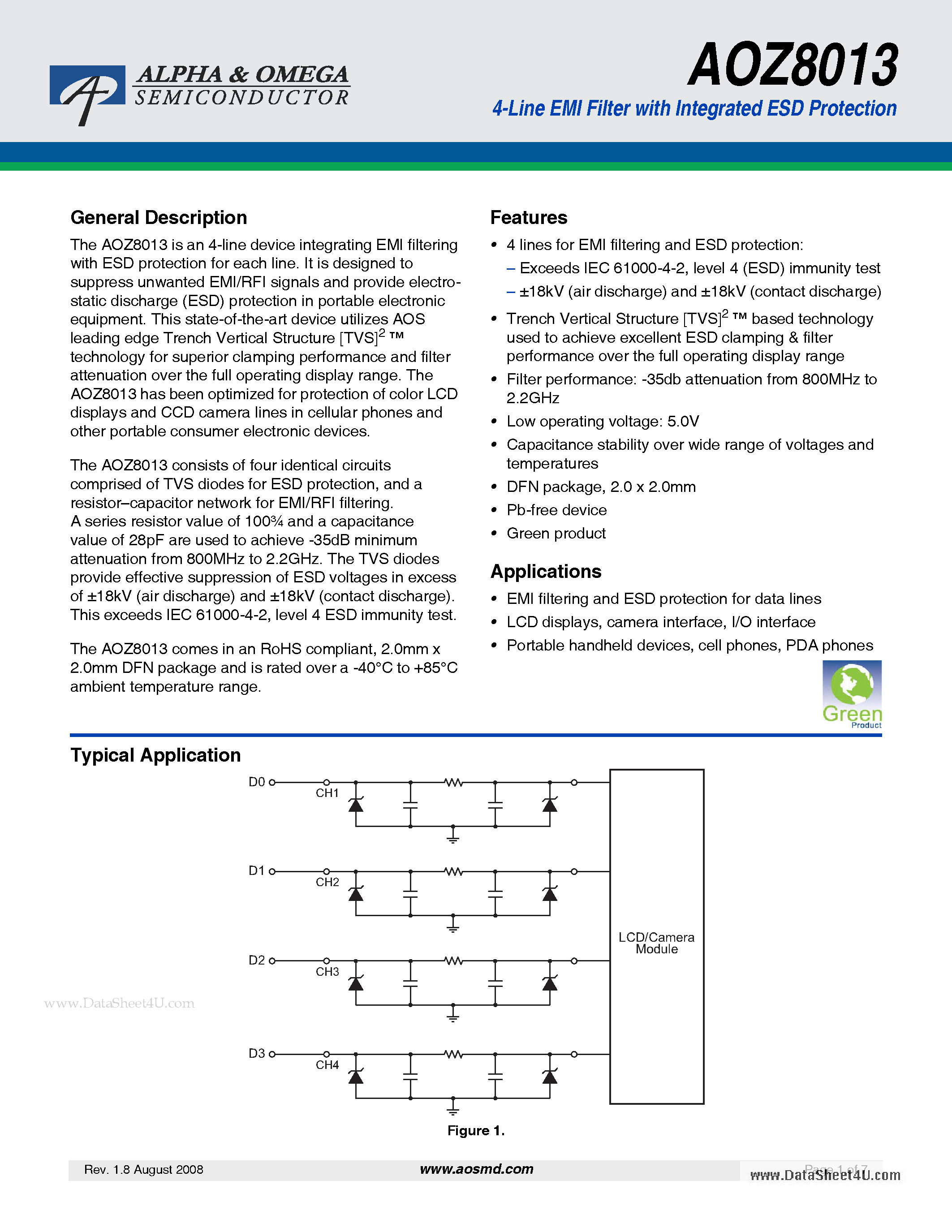Datasheet AOZ8013 - 4-Line EMI Filter page 1