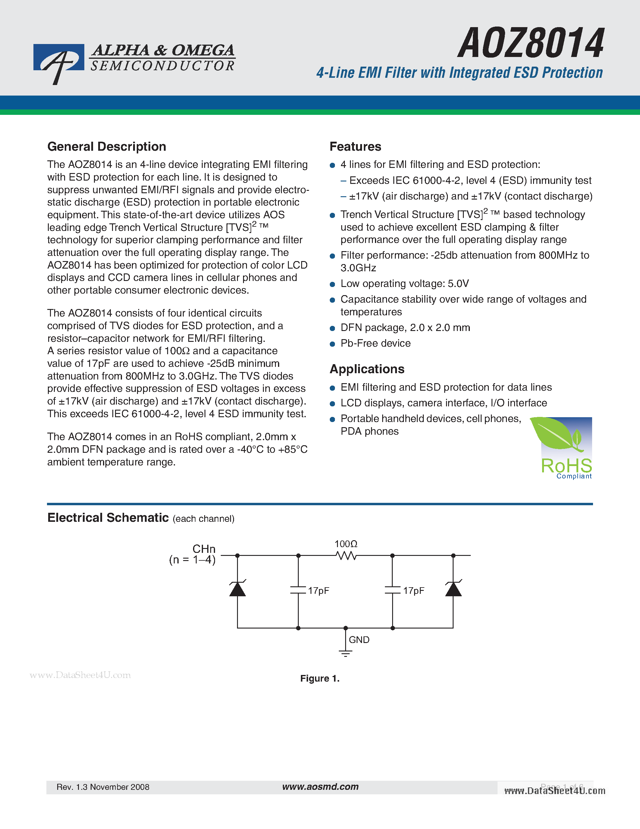 Datasheet AOZ8014 - 4-Line EMI Filter page 1