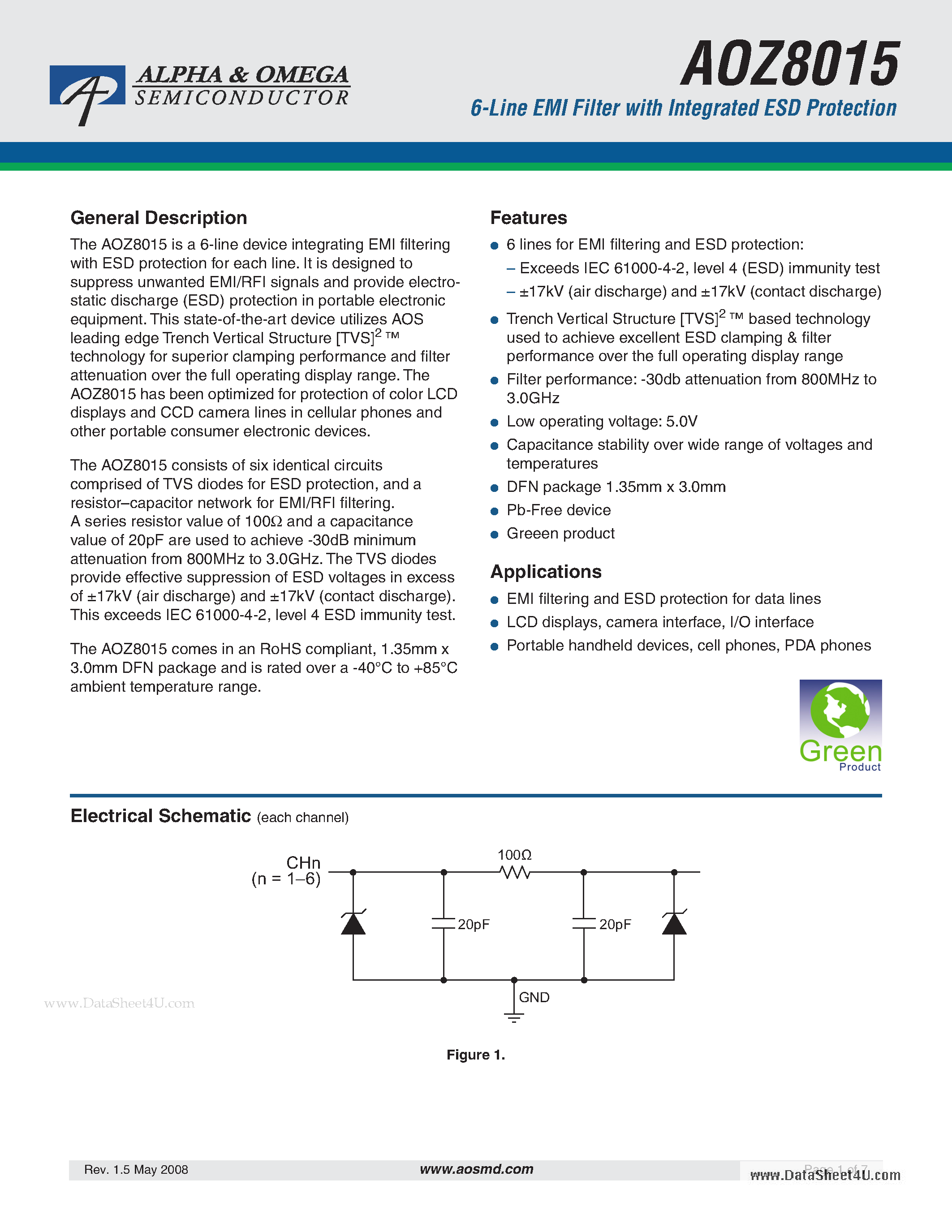 Datasheet AOZ8015 - 6-Line EMI Filter page 1