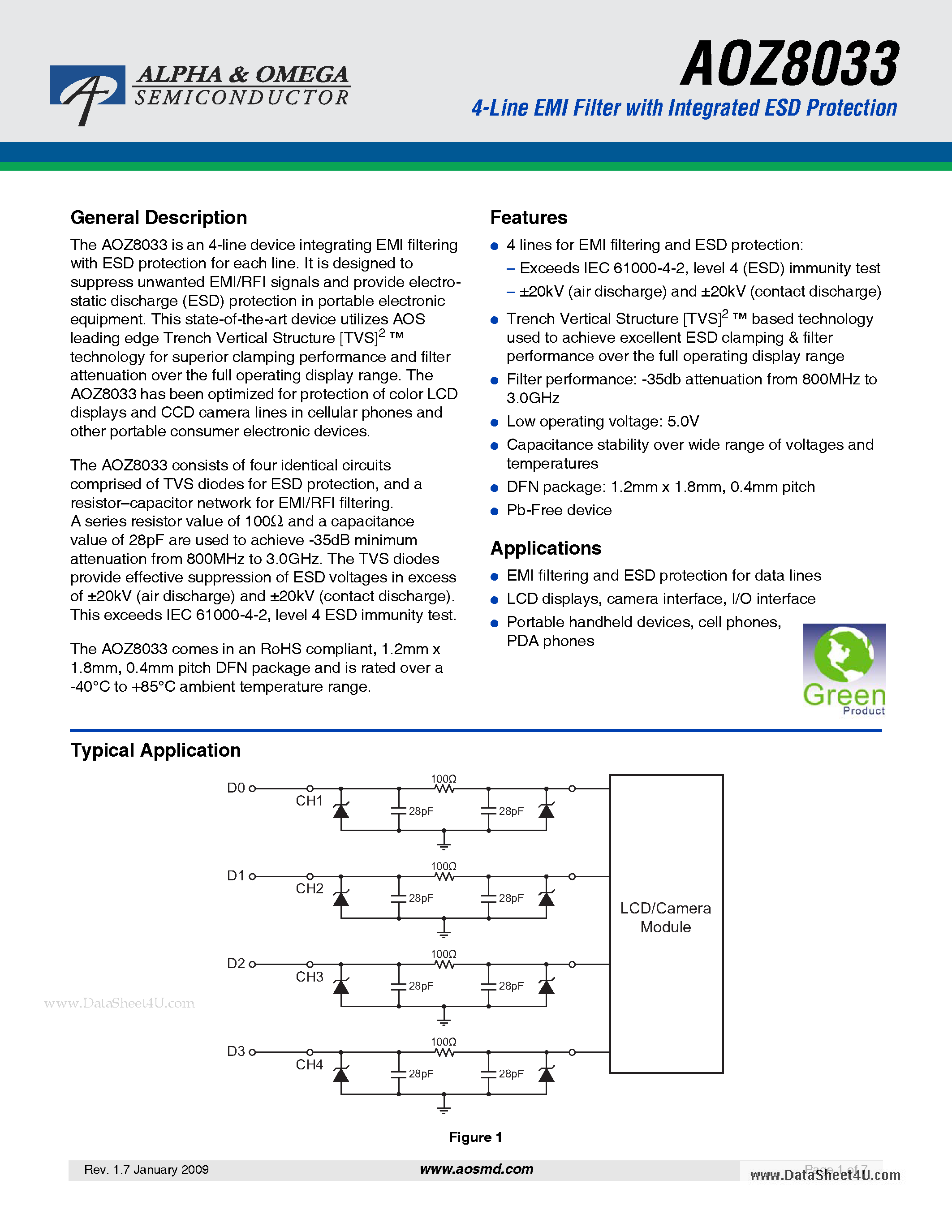 Datasheet AOZ8033 - 4-Line EMI Filter page 1