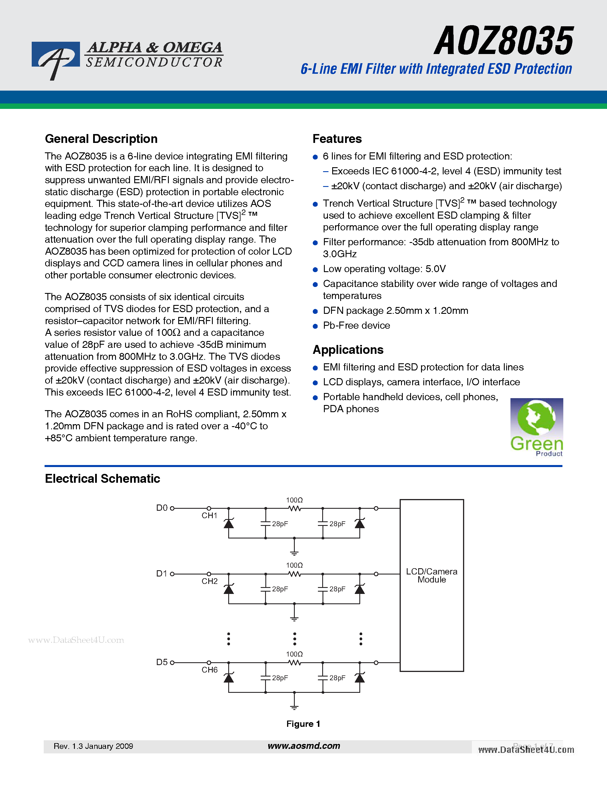 Datasheet AOZ8035 - 6-Line EMI Filter page 1