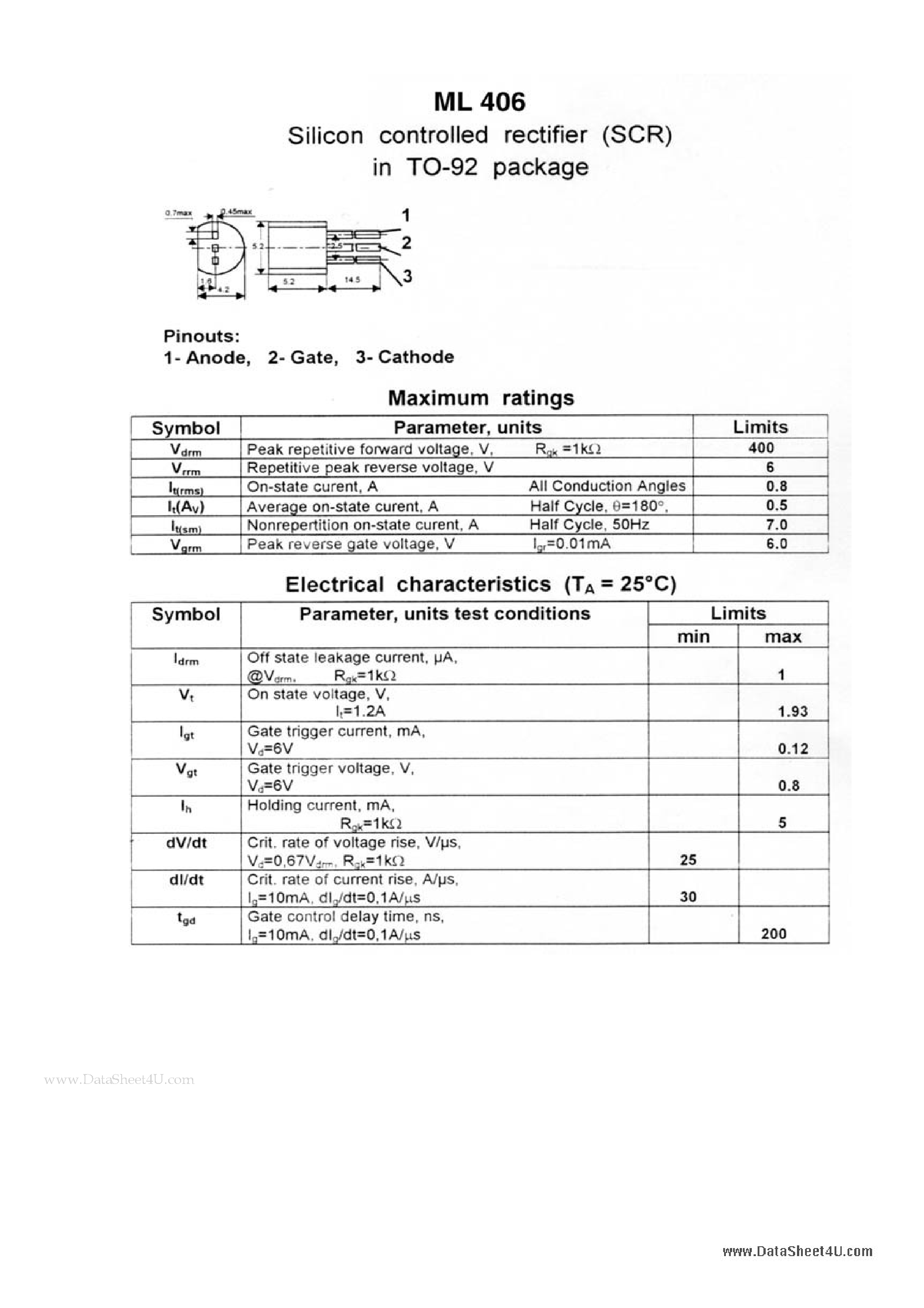 Даташит ML406 - Silicon controlled rectifier страница 1