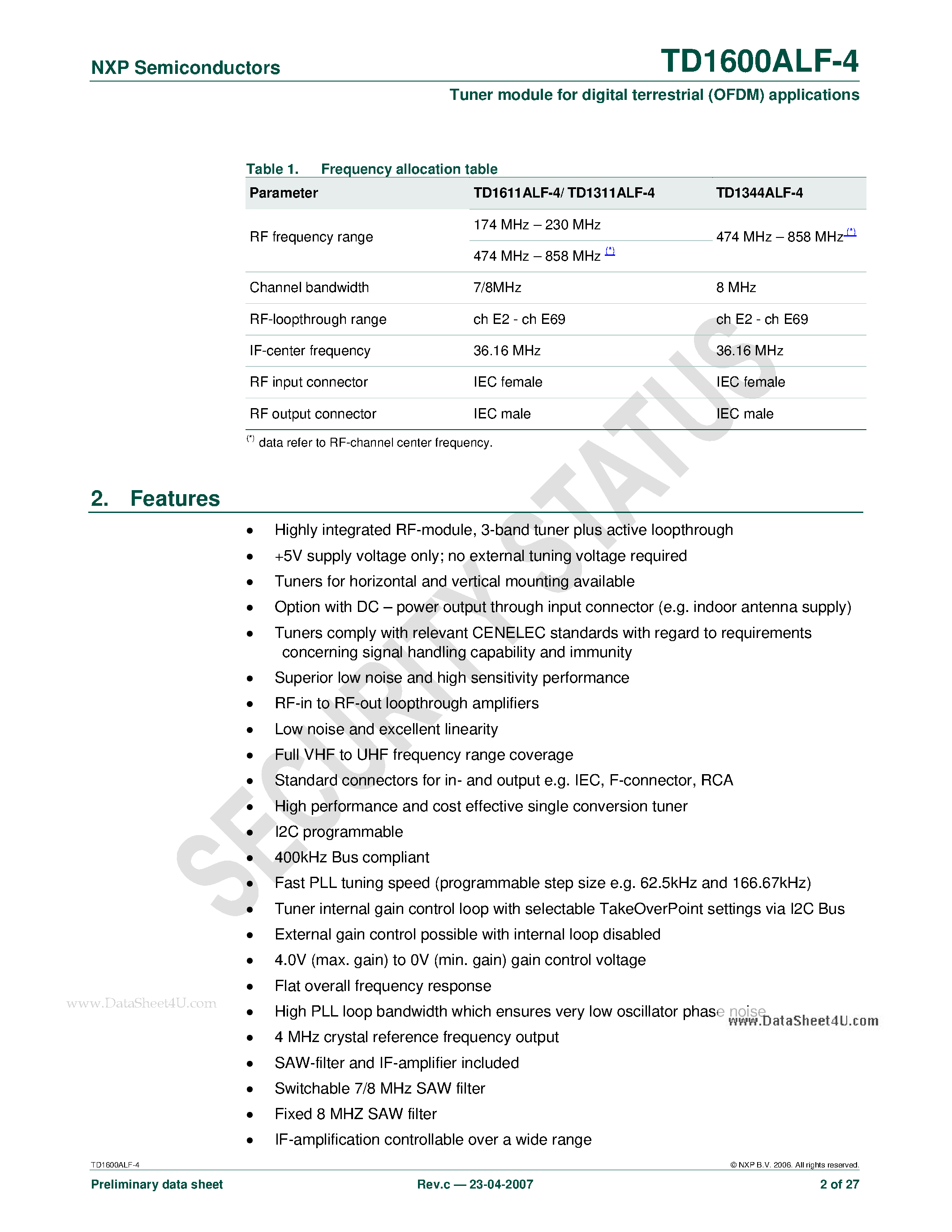 Datasheet TD1311ALF-4 page 2 Datasheet TD1311ALF-4 - Tuner module page 2
