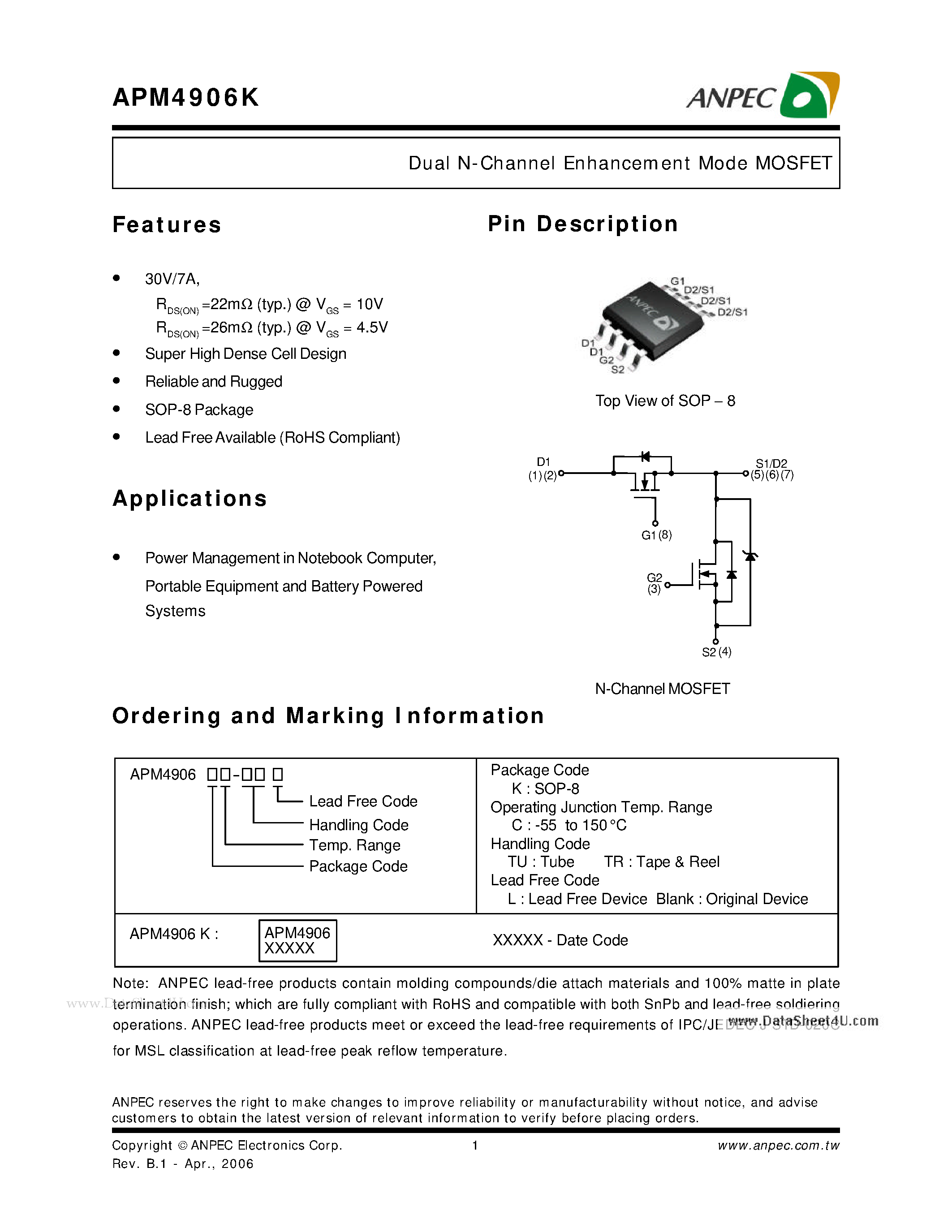 Datasheet APM4906K - Dual N-Channel Enhancement Mode MOSFET page 1