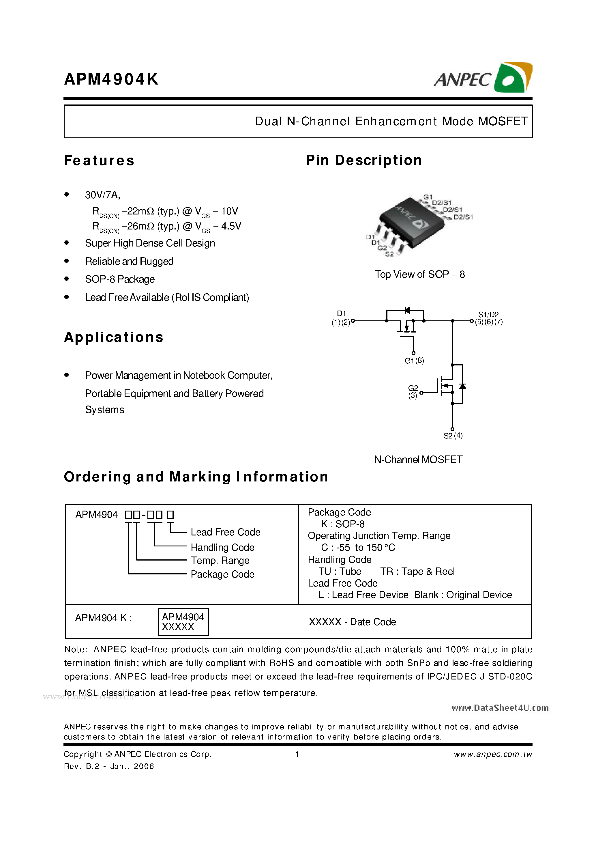 Datasheet APM4904K - Dual N-Channel Enhancement Mode MOSFET page 1