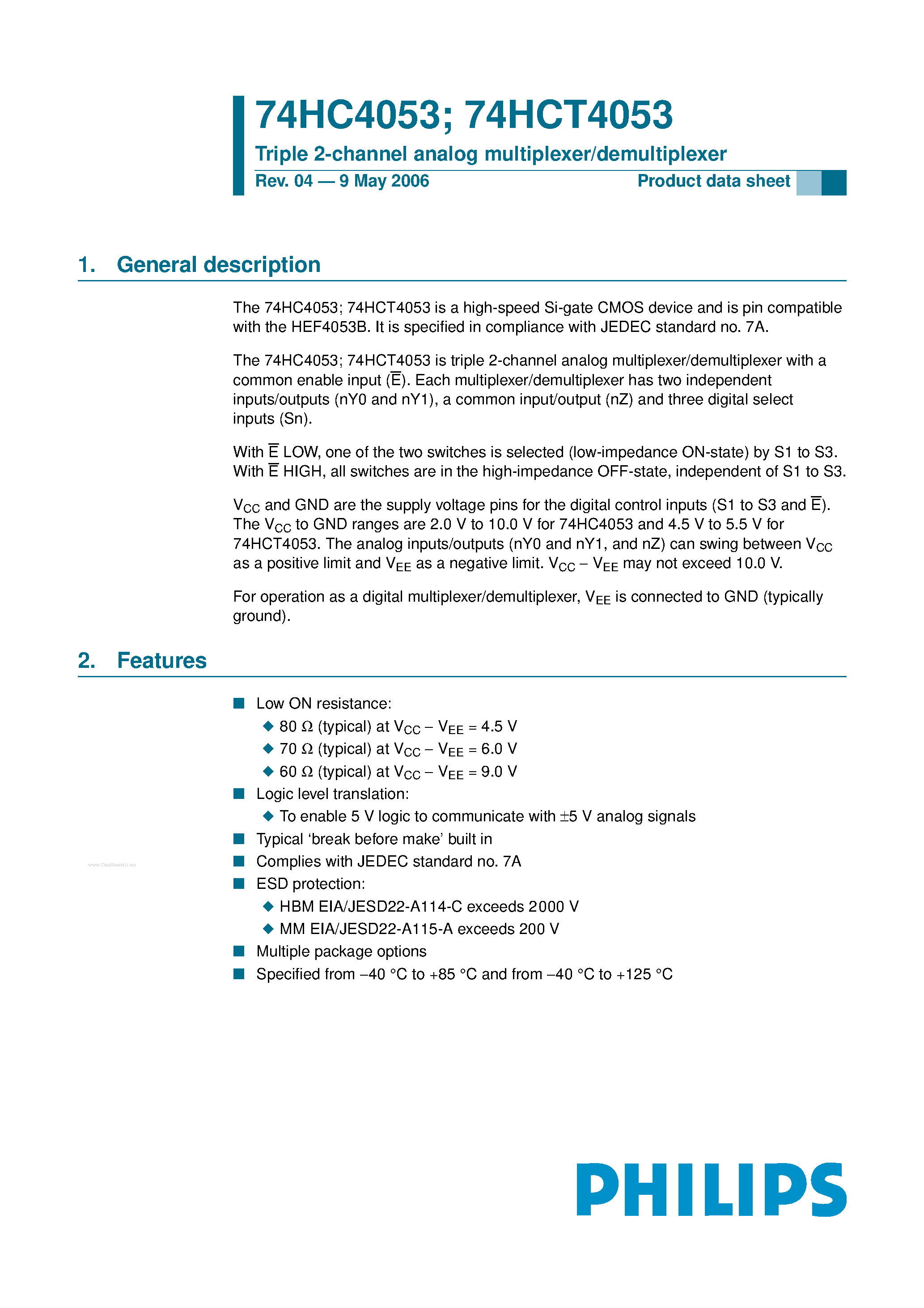 Datasheet 74HC4053 page 1 Datasheet 74HC4053 - Triple 2-Channel Analog Multiplexer / Demultiplexer page 1