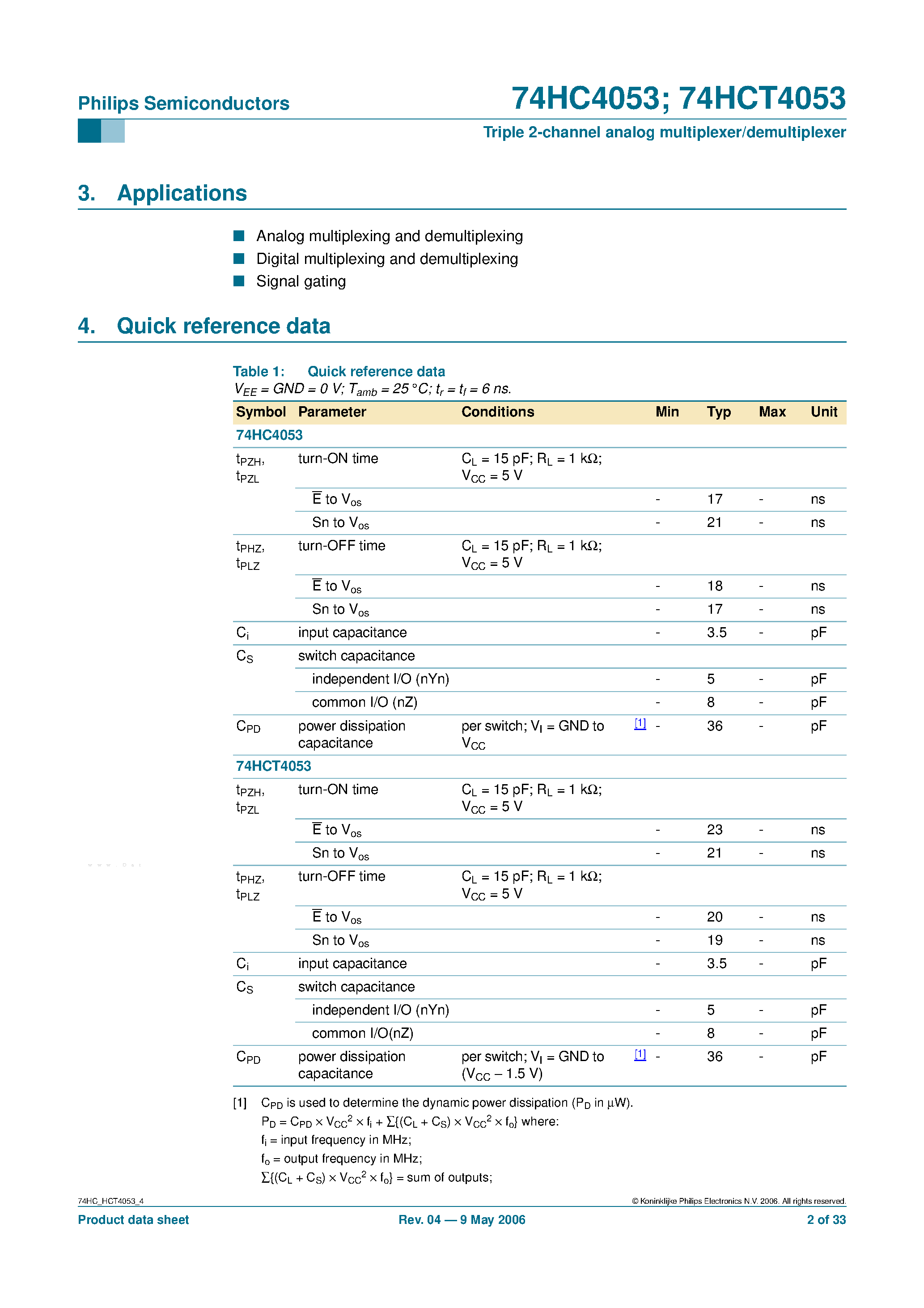 Datasheet 74HC4053 page 2 Datasheet 74HC4053 - Triple 2-Channel Analog Multiplexer / Demultiplexer page 2