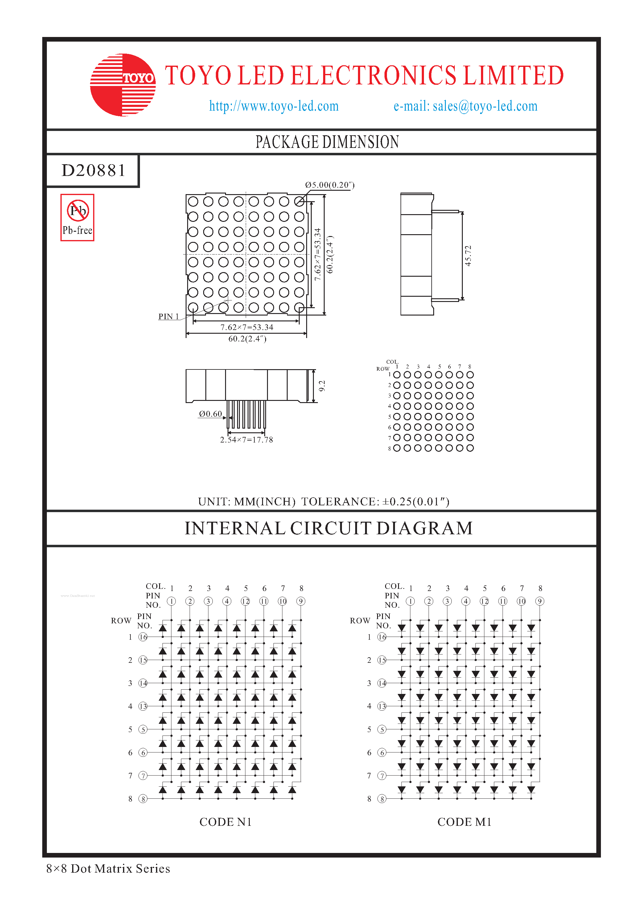 Datasheet D20881 page 1 Datasheet D20881 - 8 X 8 DotMatrix Series page 1
