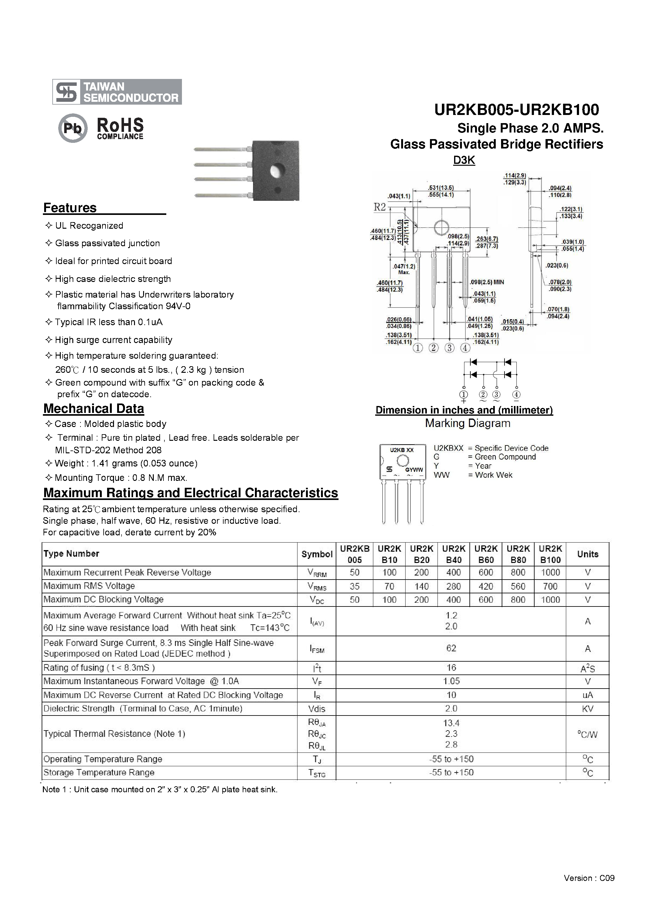 Datasheet UR2KB005 page 1 Datasheet UR2KB005 - Glass Passivated Bridge Rectifiers page 1