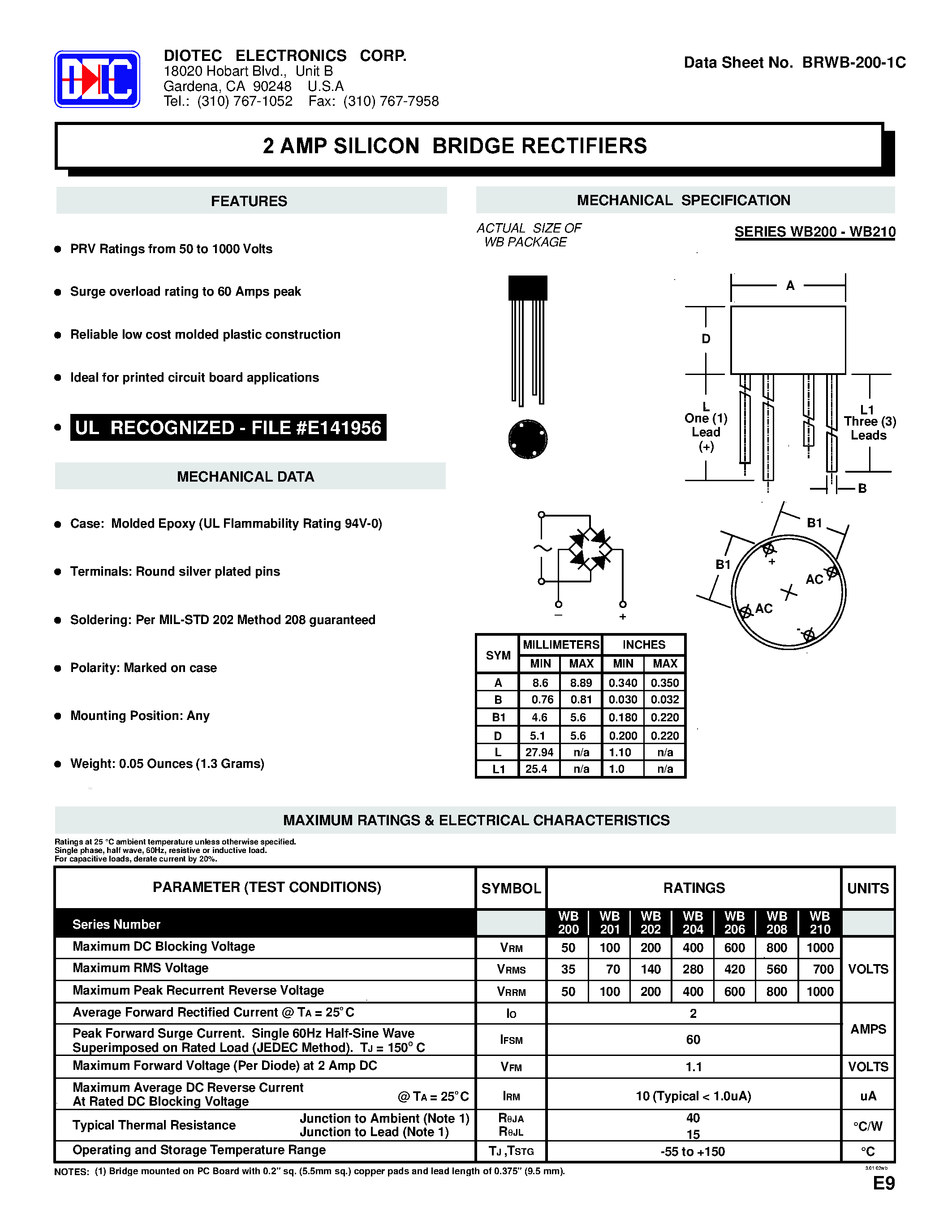 Datasheet WB200 page 1 Datasheet WB200 - 2 Amp Silicon BRIDGE RECTIFIER page 1