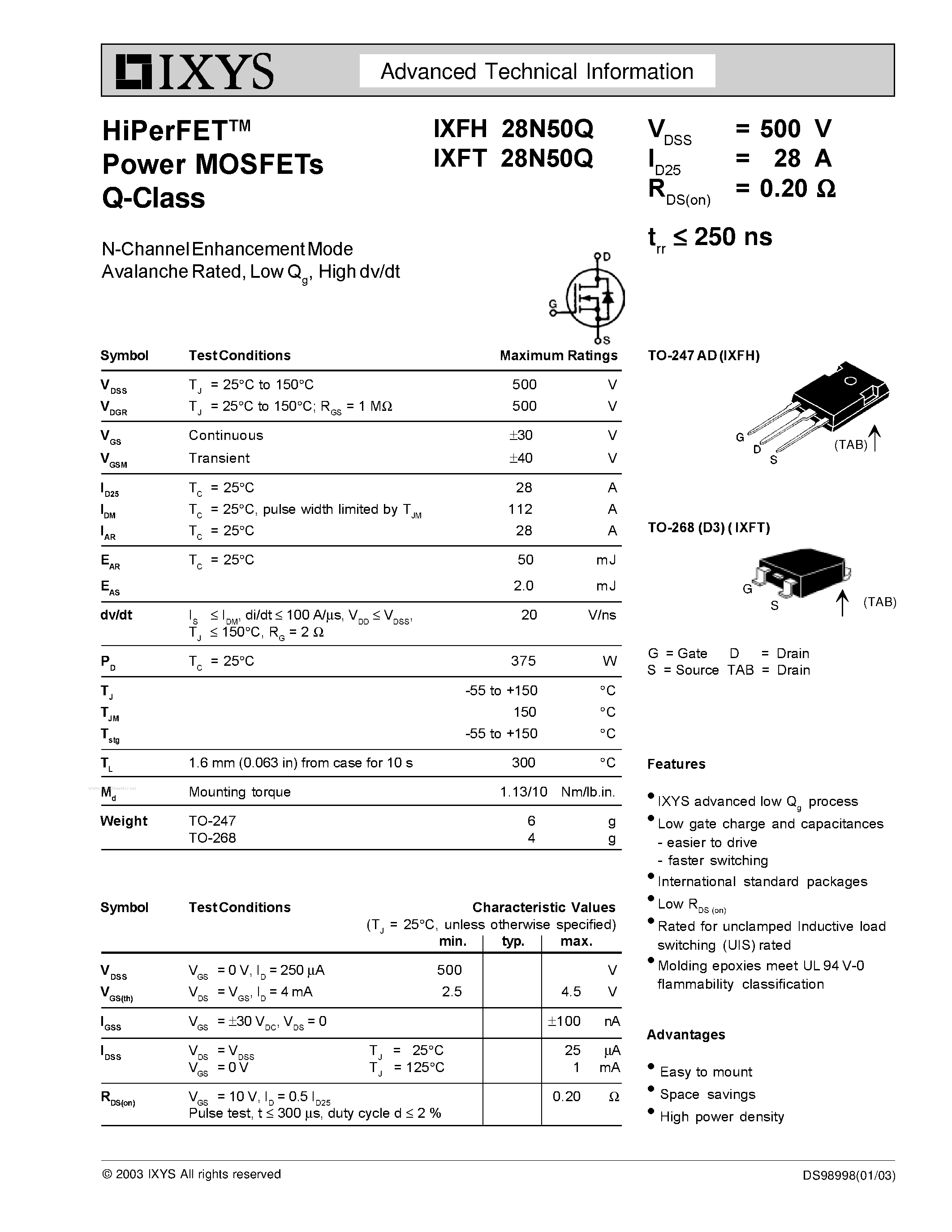 Даташит IXFT28N50Q - HiPerFET Power MOSFETs Q-Class страница 1