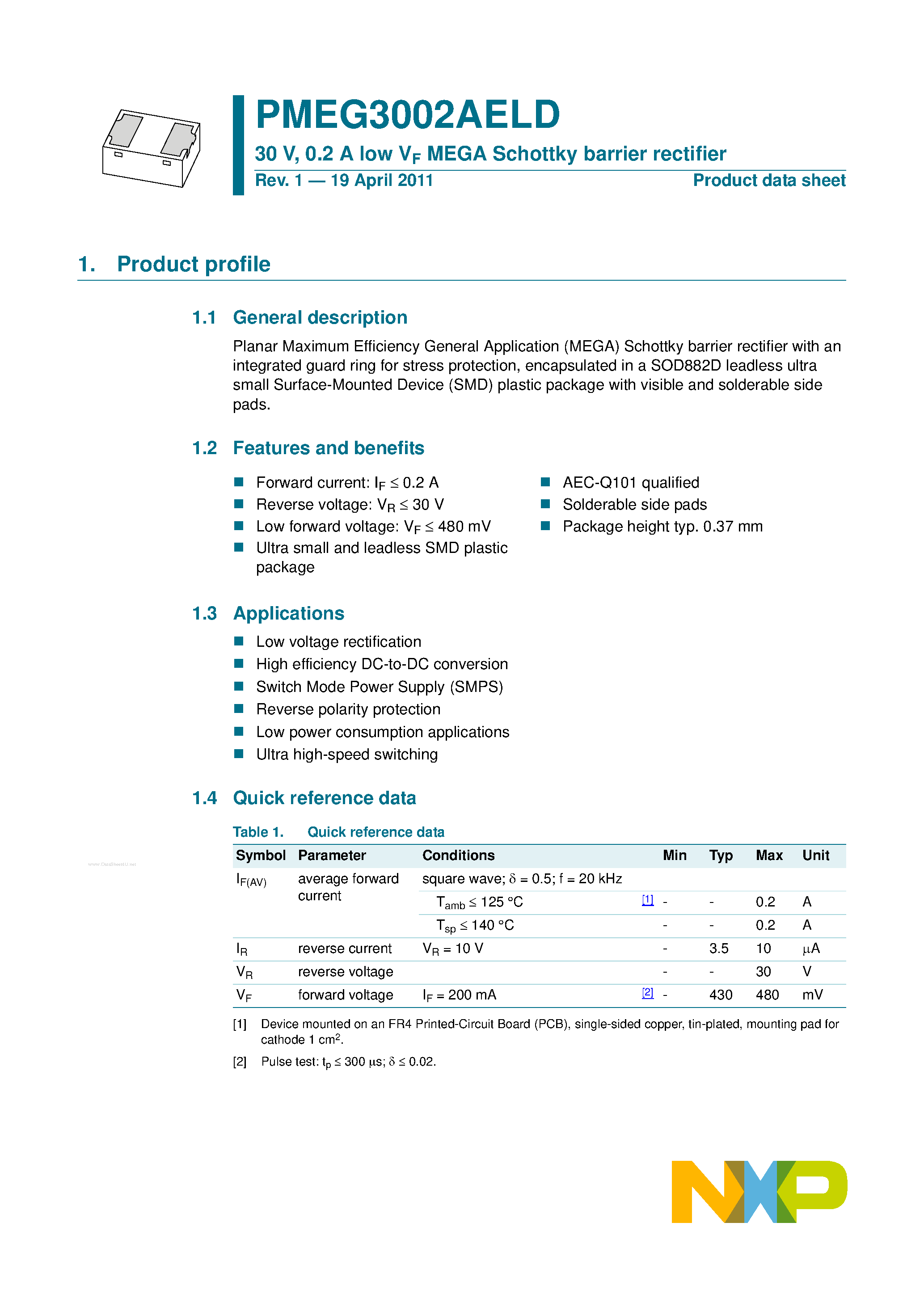 Даташит PMEG3002AELD - 0.2A low VF MEGA Schottky barrier rectifier страница 1