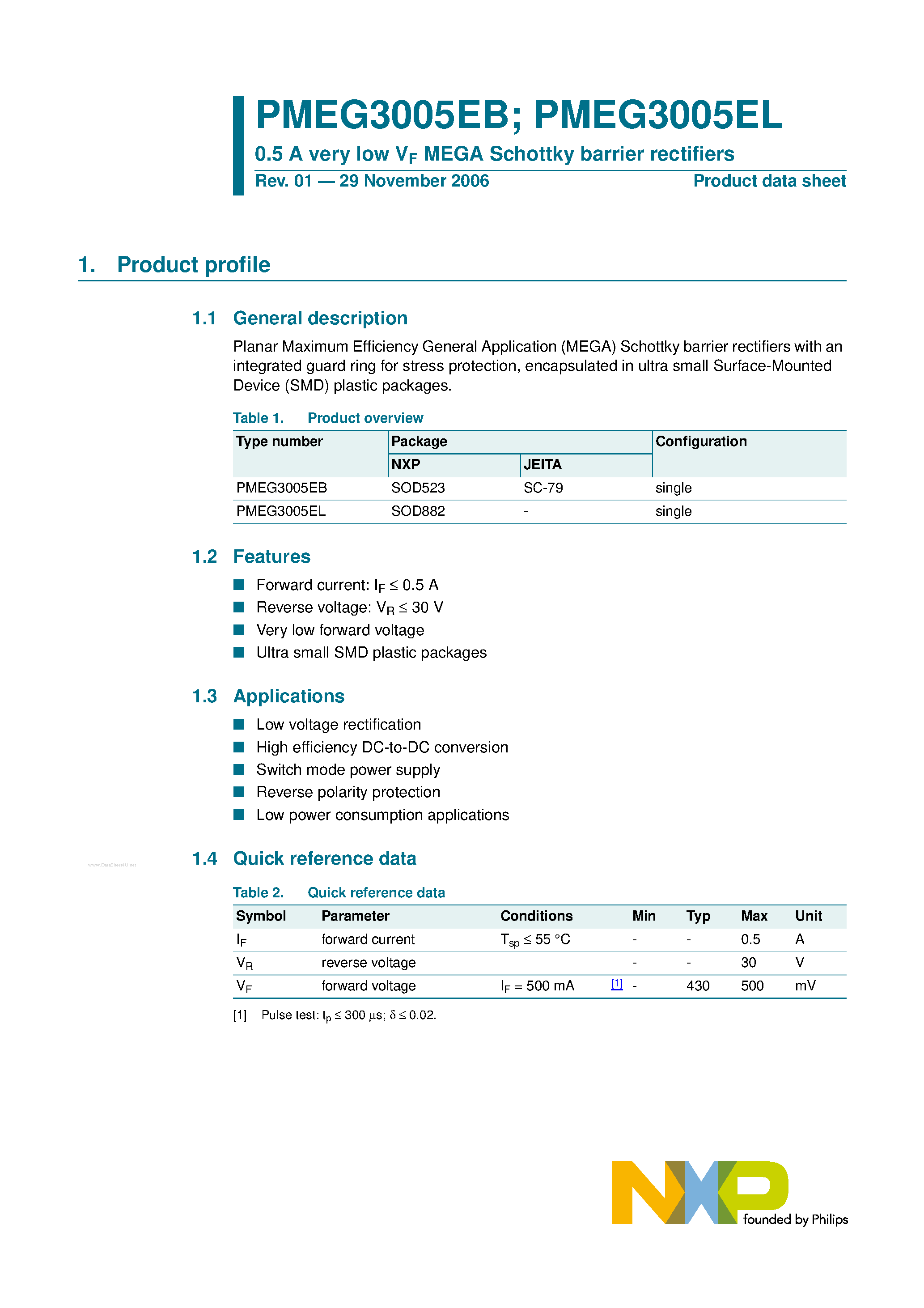 Datasheet PMEG3005EB - 0.5A very low VF MEGA Schottky barrier rectifiers page 1