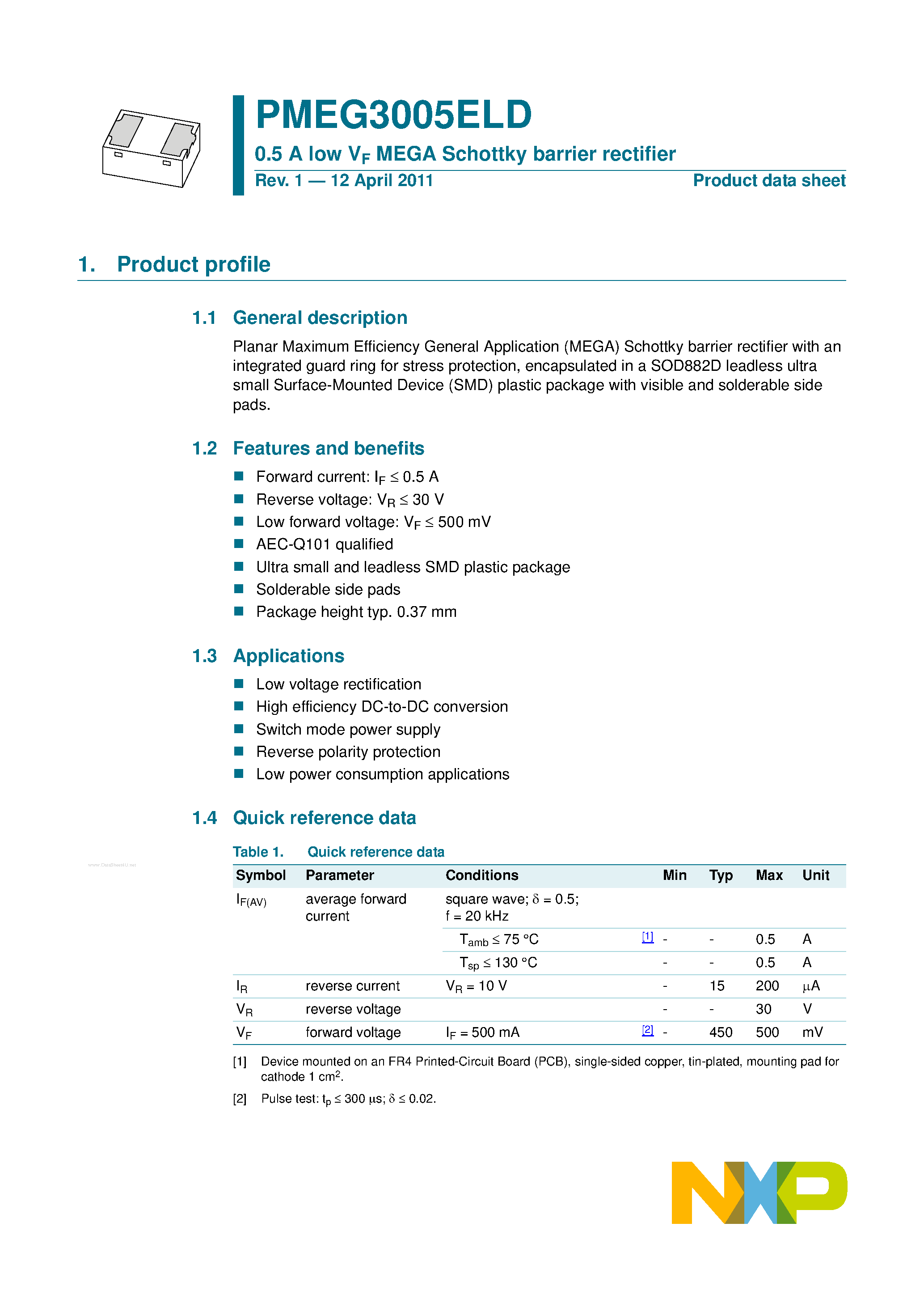 Даташит PMEG3005ELD - 0.5A low VF MEGA Schottky barrier rectifier страница 1