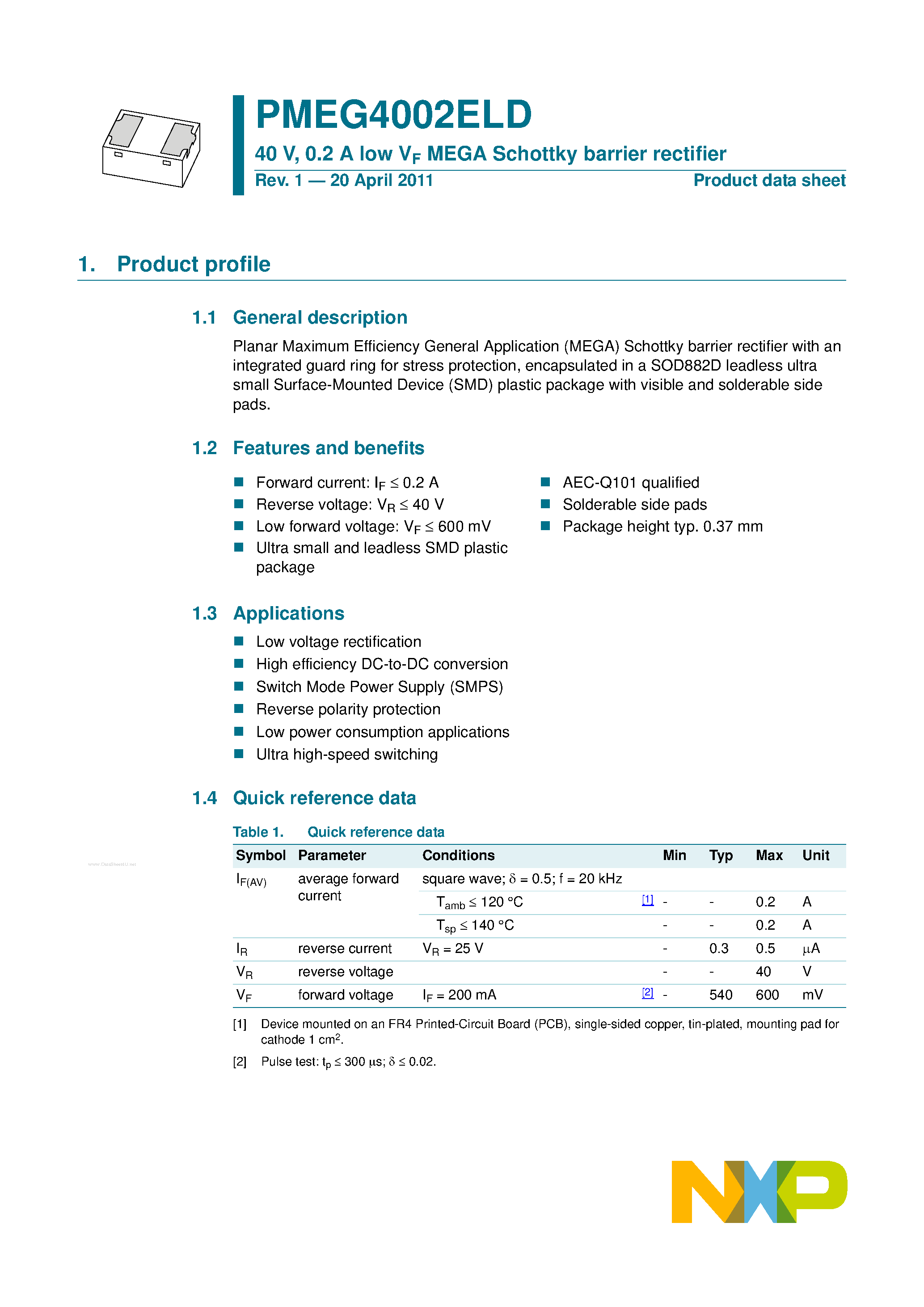 Datasheet PMEG4002ELD - 0.2A low VF MEGA Schottky barrier rectifier page 1