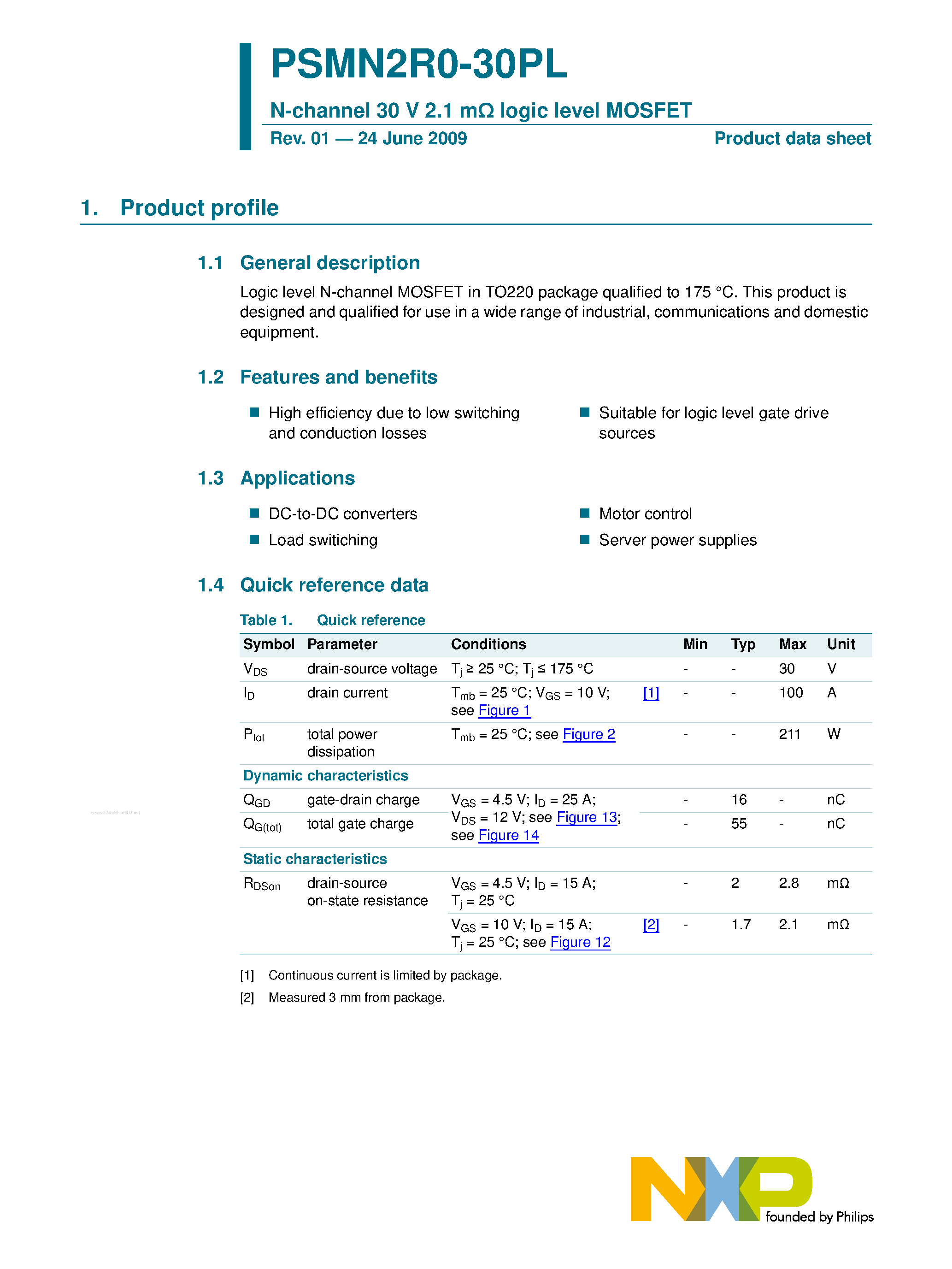 Datasheet PSMN2R0-30PL - N-channel logic level MOSFET page 1