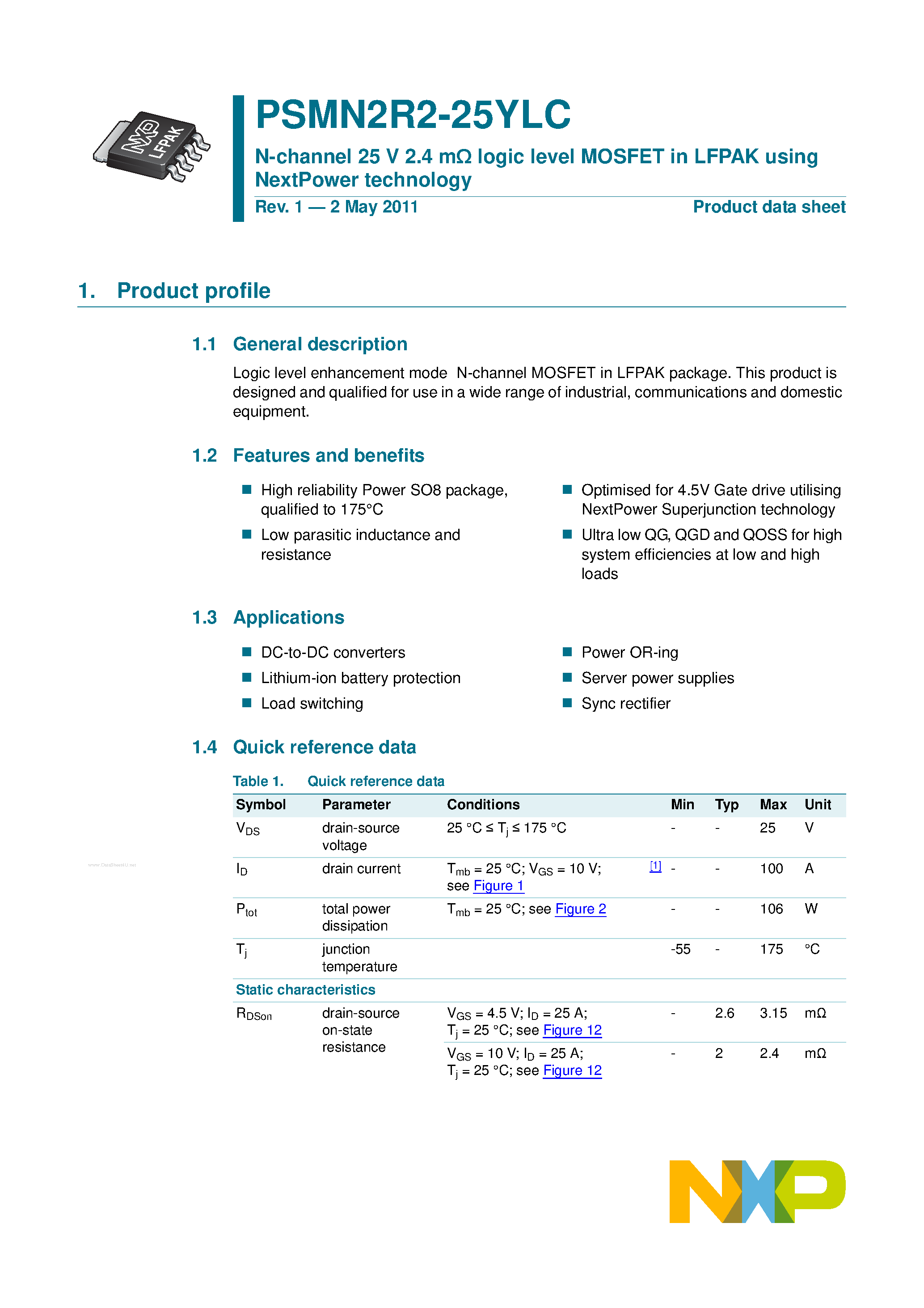 Datasheet PSMN2R2-25YLC - N-channel logic level MOSFET page 1