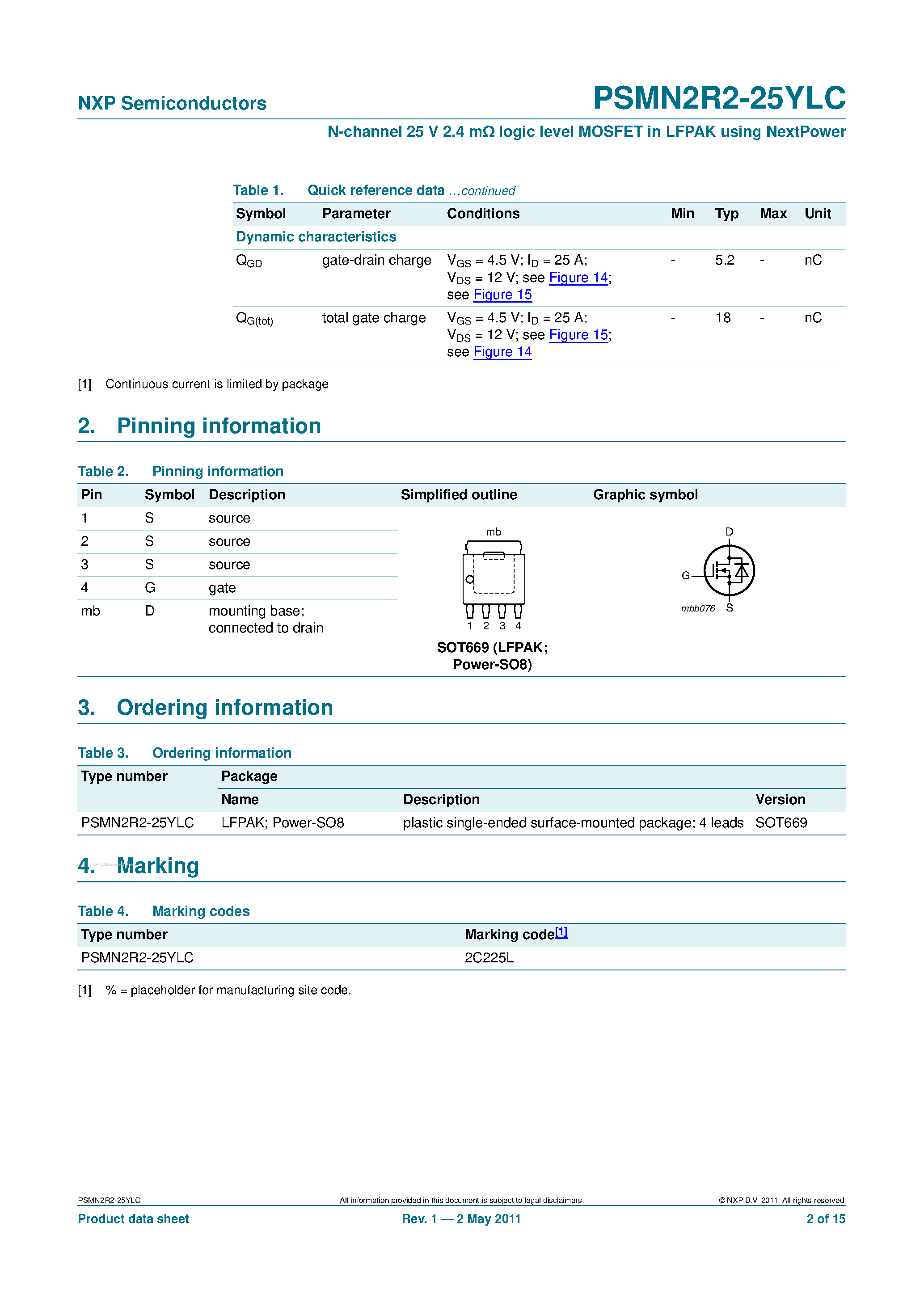 Datasheet PSMN2R2-25YLC - N-channel logic level MOSFET page 2