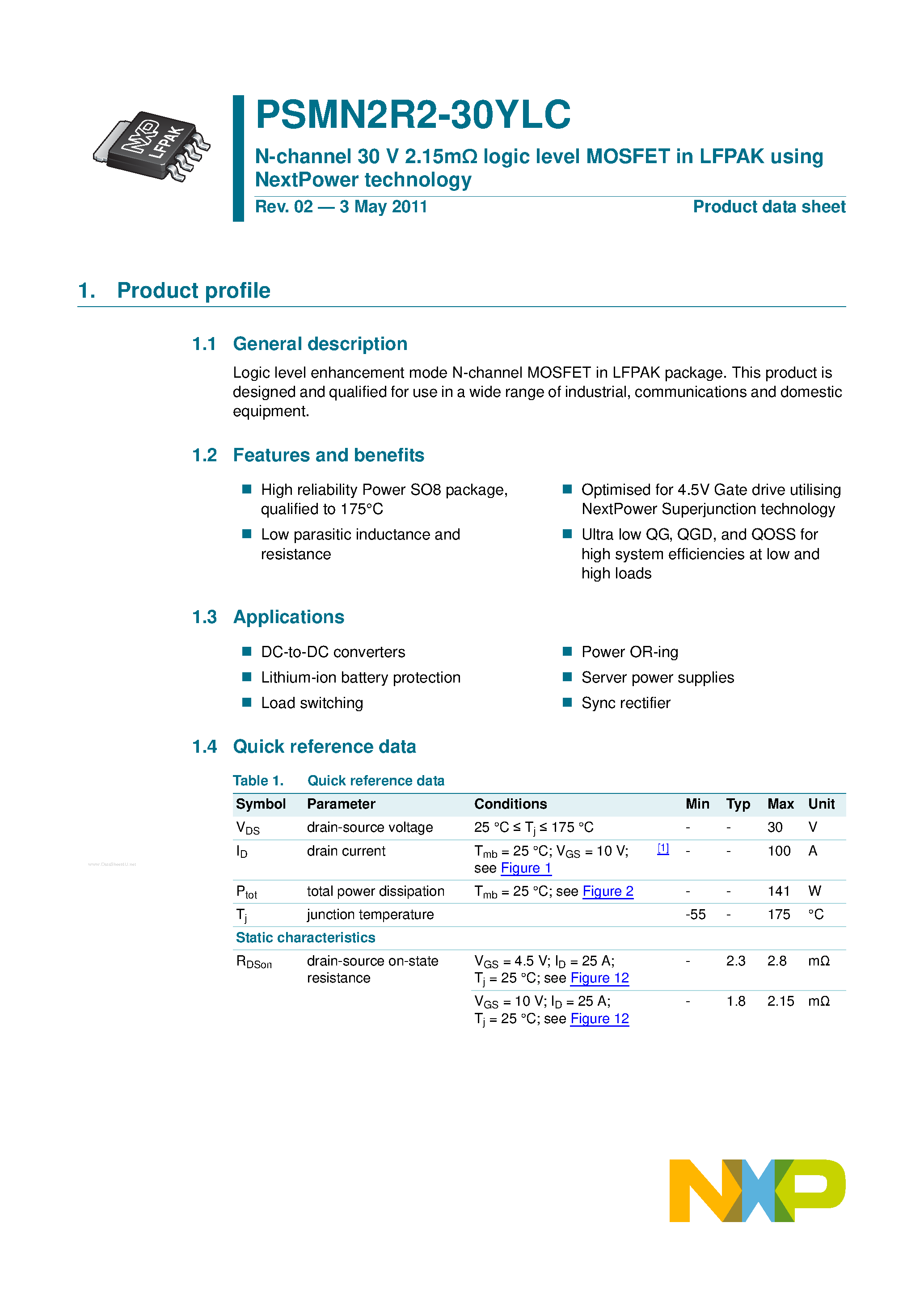 Datasheet PSMN2R2-30YLC - N-channel logic level MOSFET page 1