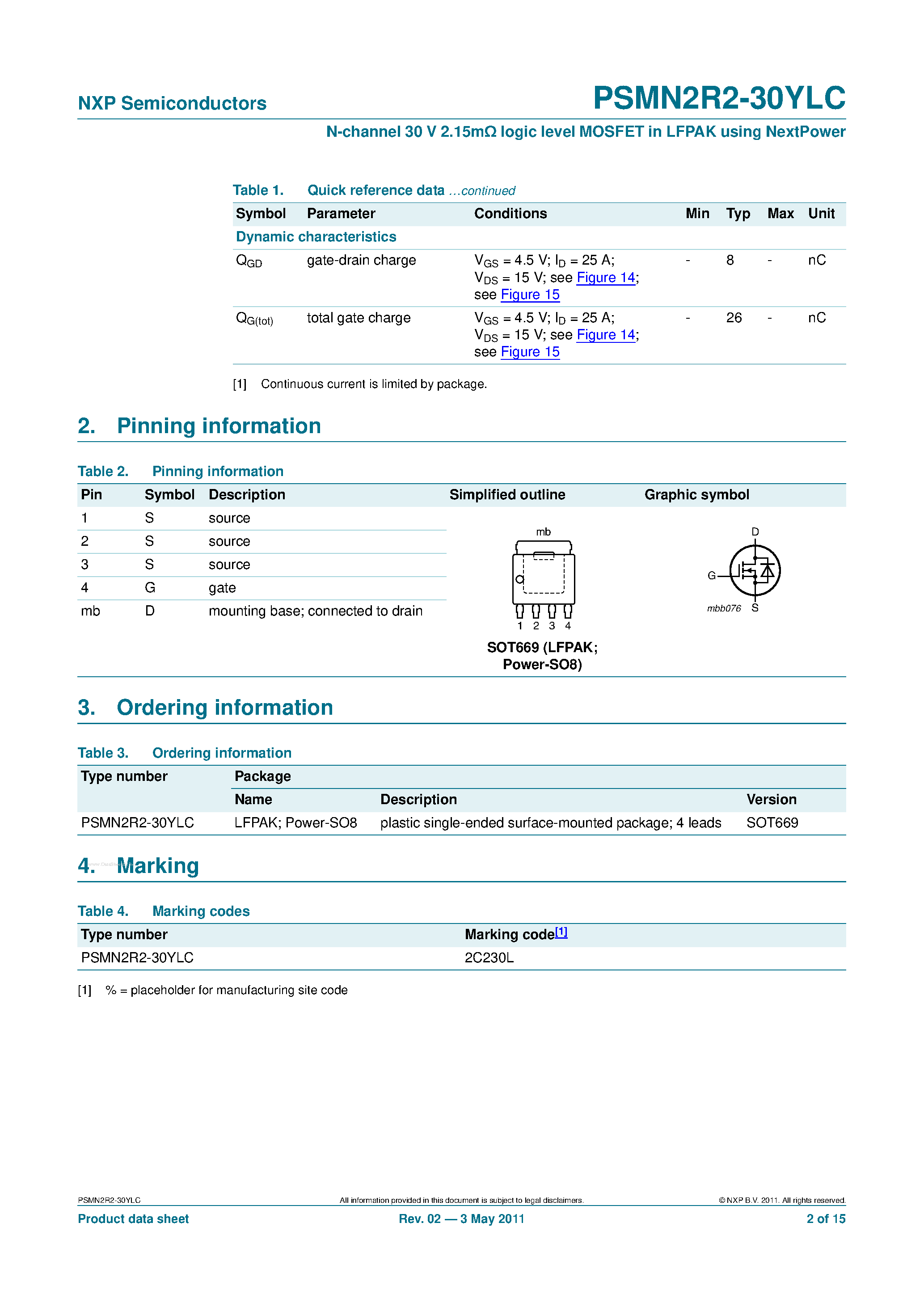 Datasheet PSMN2R2-30YLC - N-channel logic level MOSFET page 2