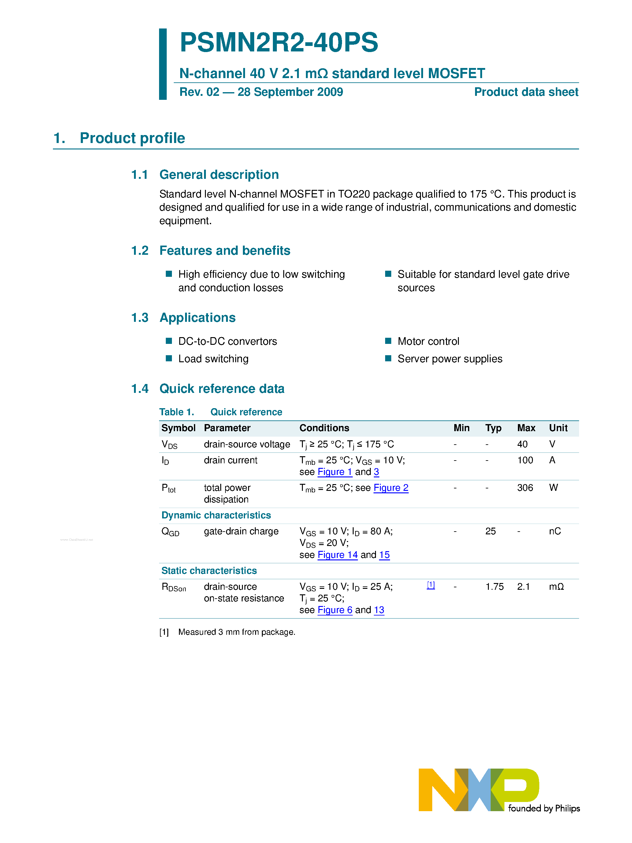 Datasheet PSMN2R2-40PS - N-channel logic level MOSFET page 1