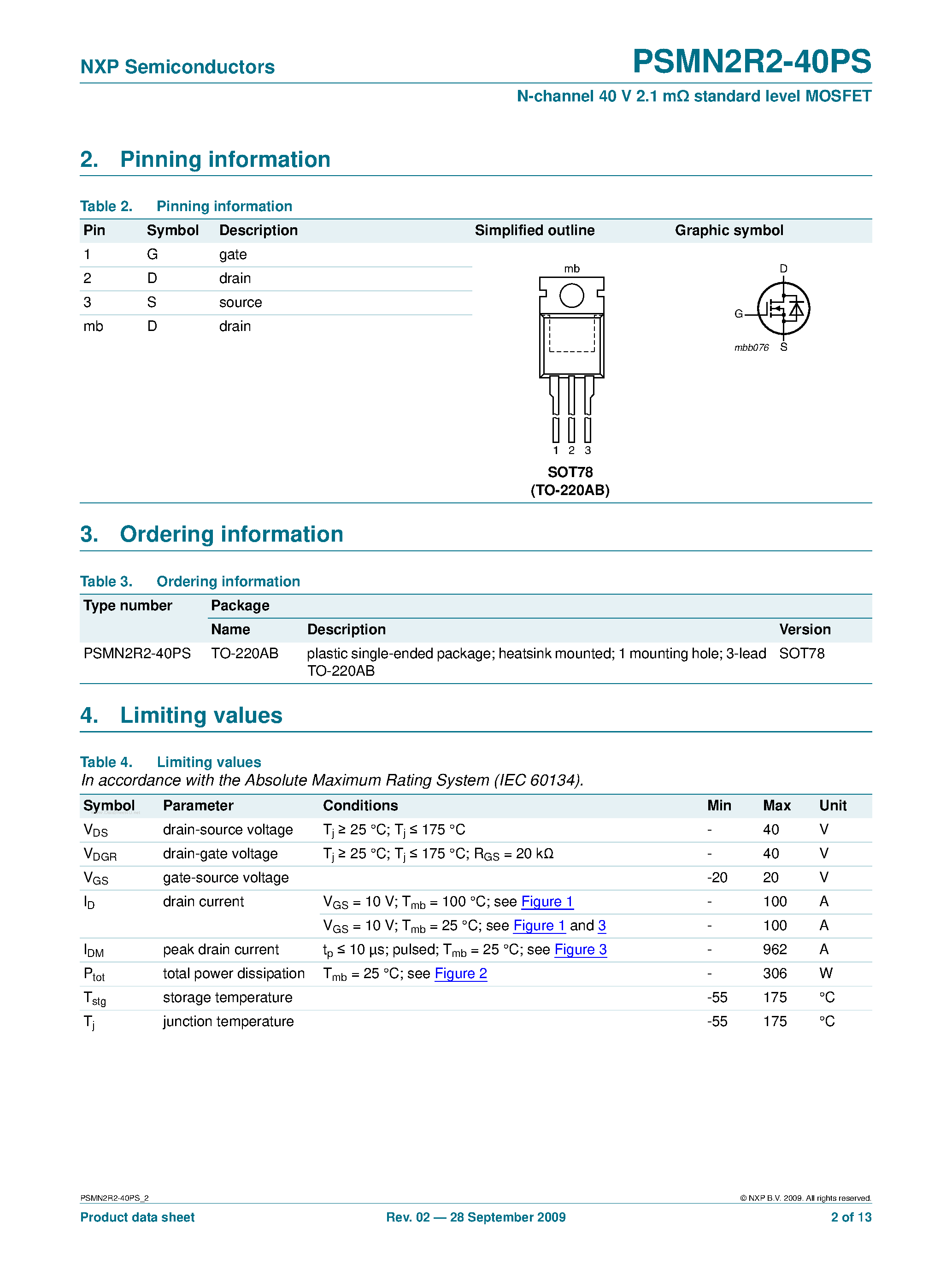 Datasheet PSMN2R2-40PS - N-channel logic level MOSFET page 2