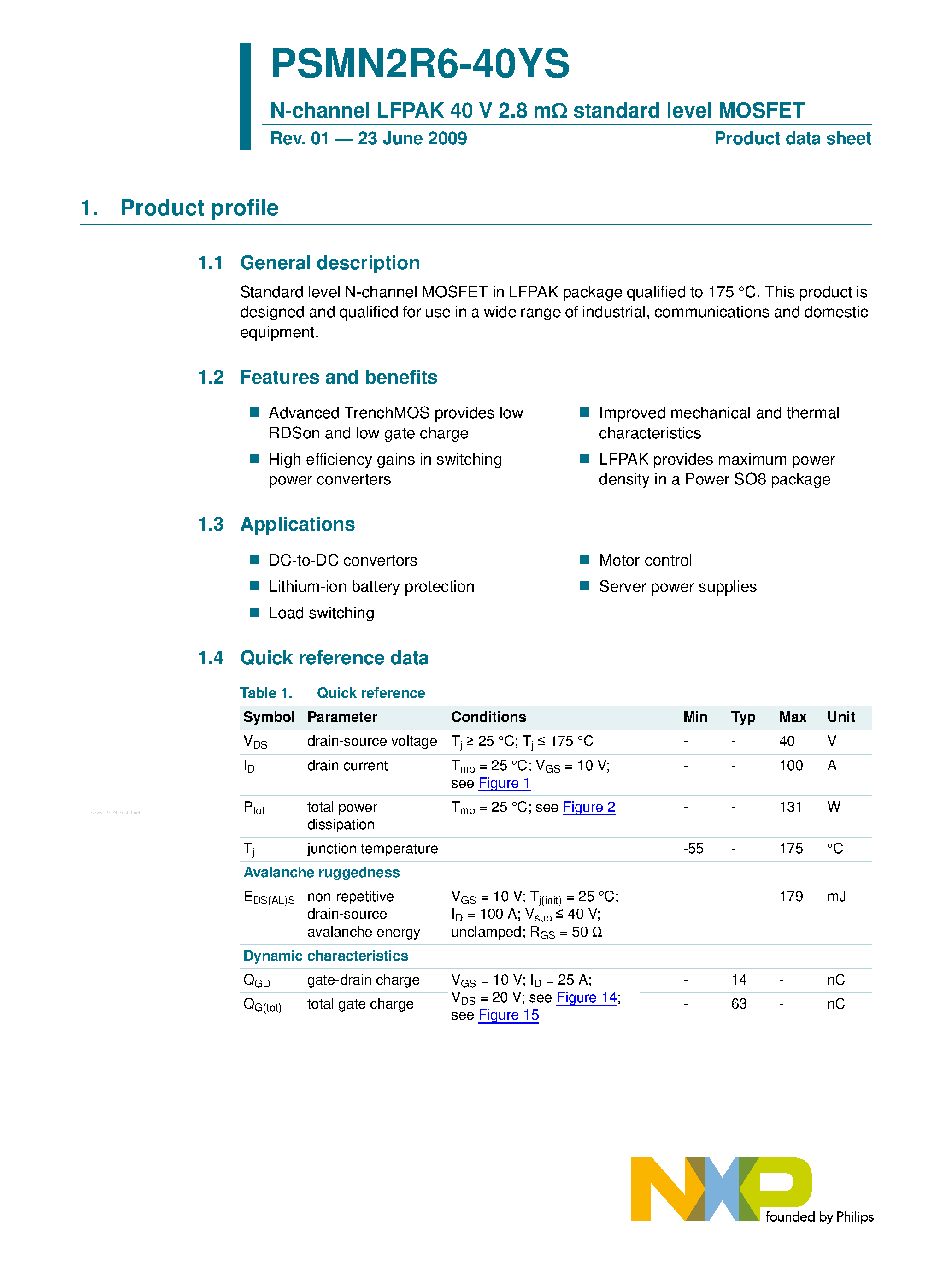 Datasheet PSMN2R6-40YS - N-channel logic level MOSFET page 1