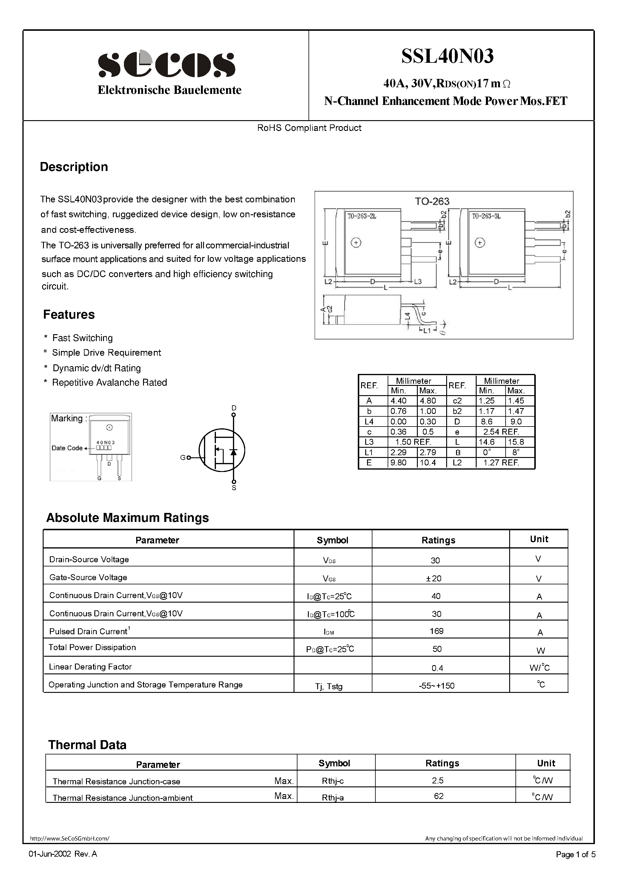 Даташит на микросхему SSL40N03 страница 1 Даташит SSL40N03 - N-Channel Enhancement Mode Power MosFET страница 1