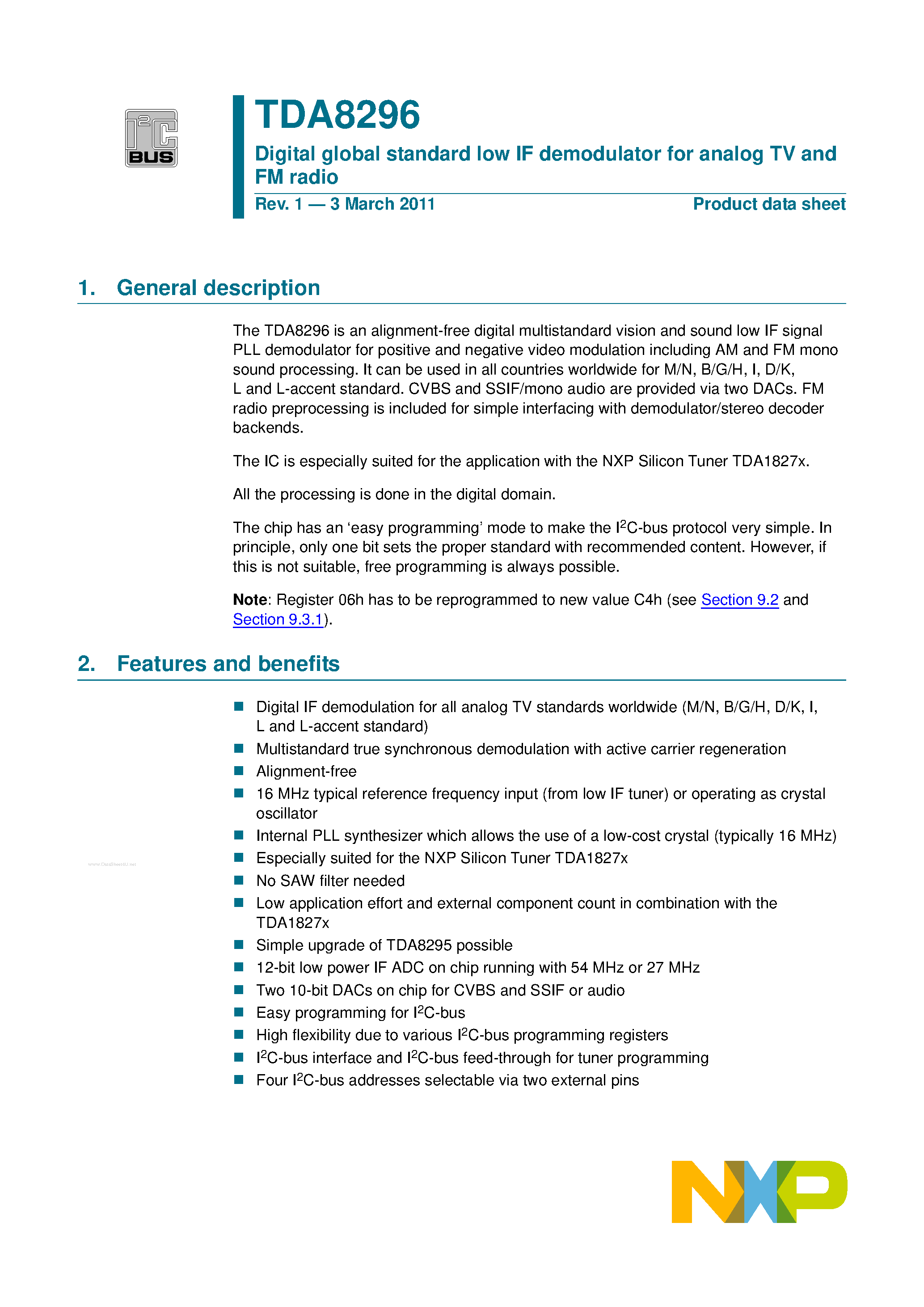 Datasheet TDA8296 page 1 Datasheet TDA8296 - Digital global standard low IF demodulator page 1