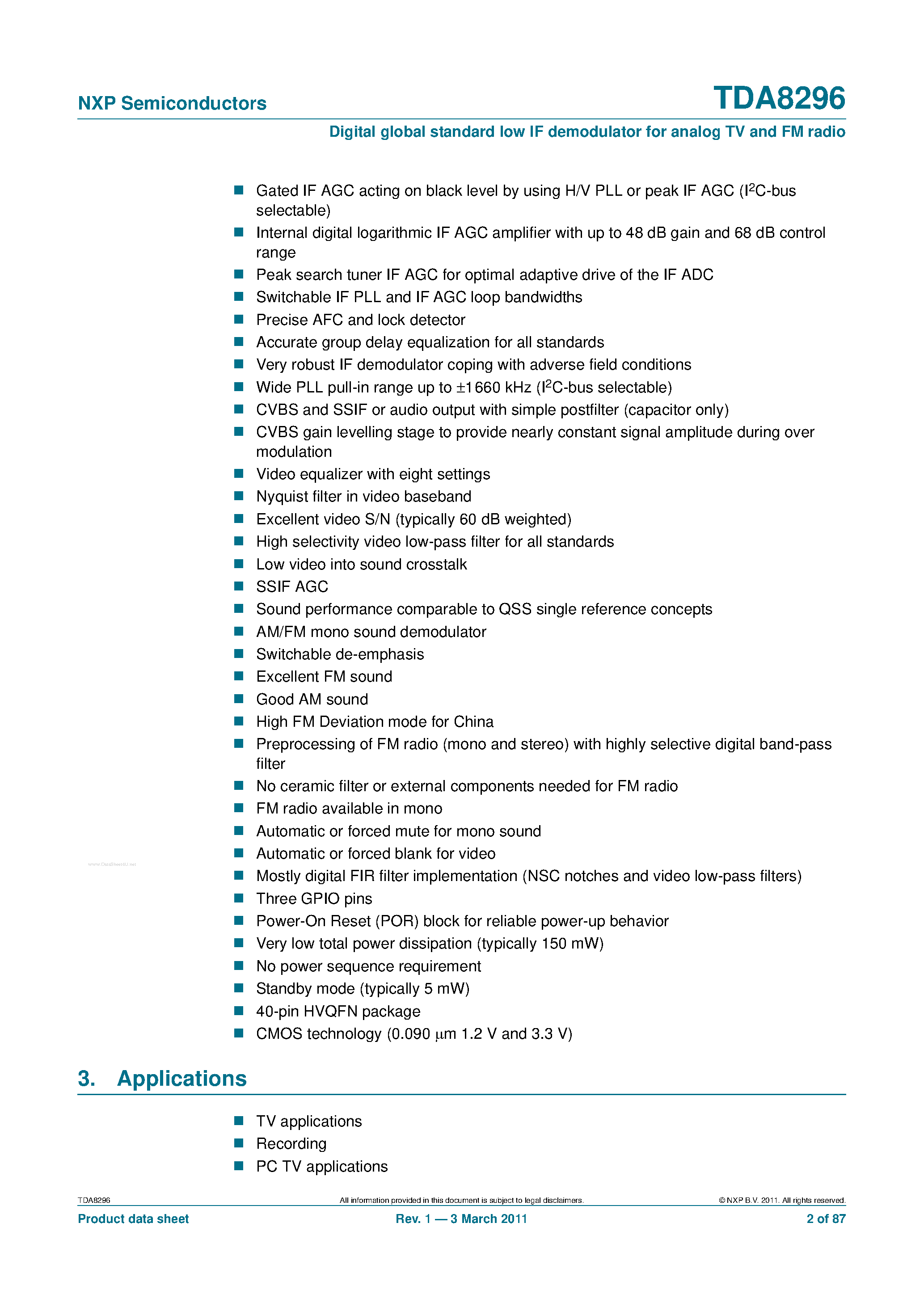 Datasheet TDA8296 page 2 Datasheet TDA8296 - Digital global standard low IF demodulator page 2