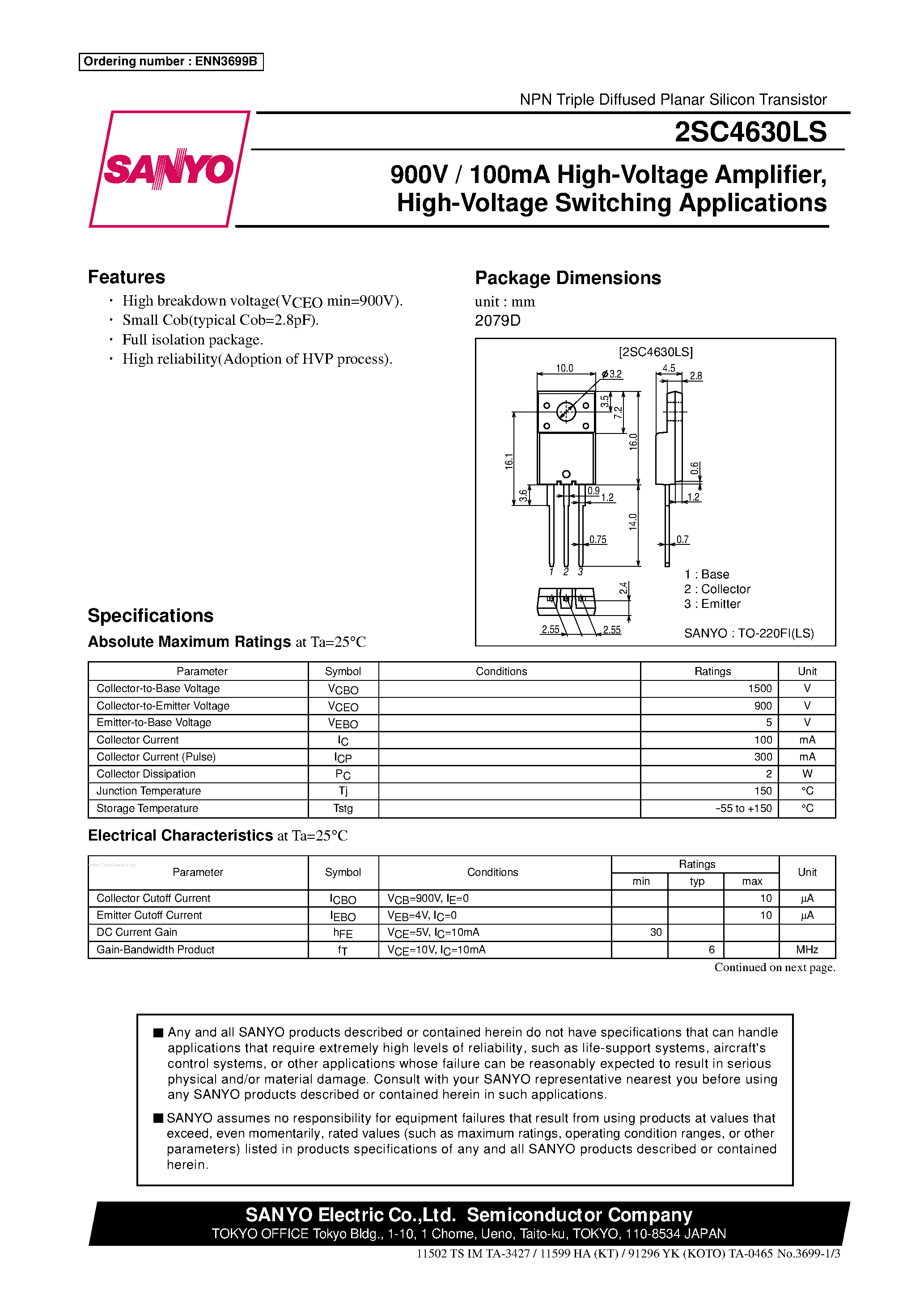 Datasheet 2SC4630LS - 900V / 100mA High-Voltage Amplifier page 1