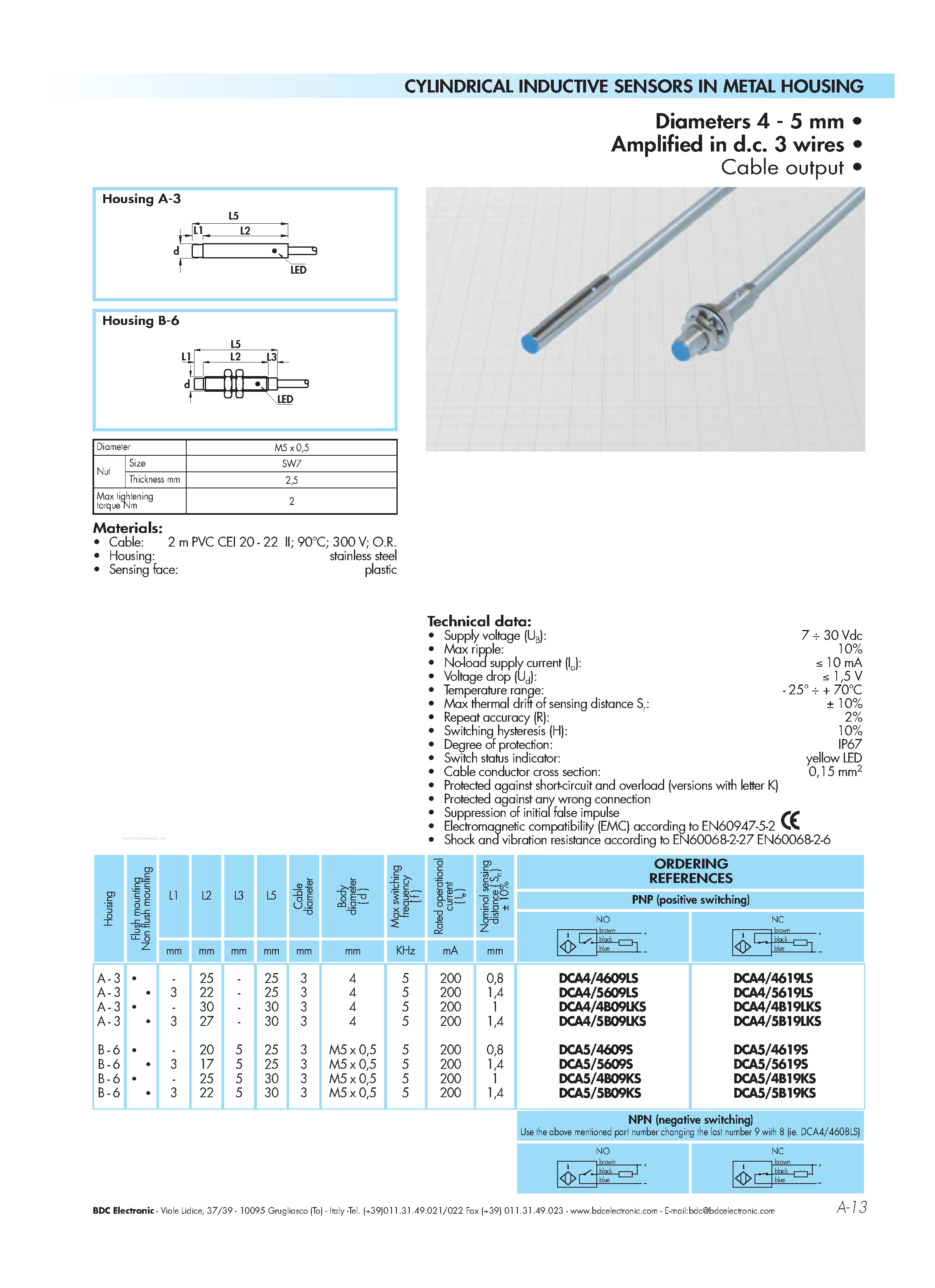 Datasheet DCE12/4309KS - CYLINDRICAL INDUCTIVE SENSORS page 1