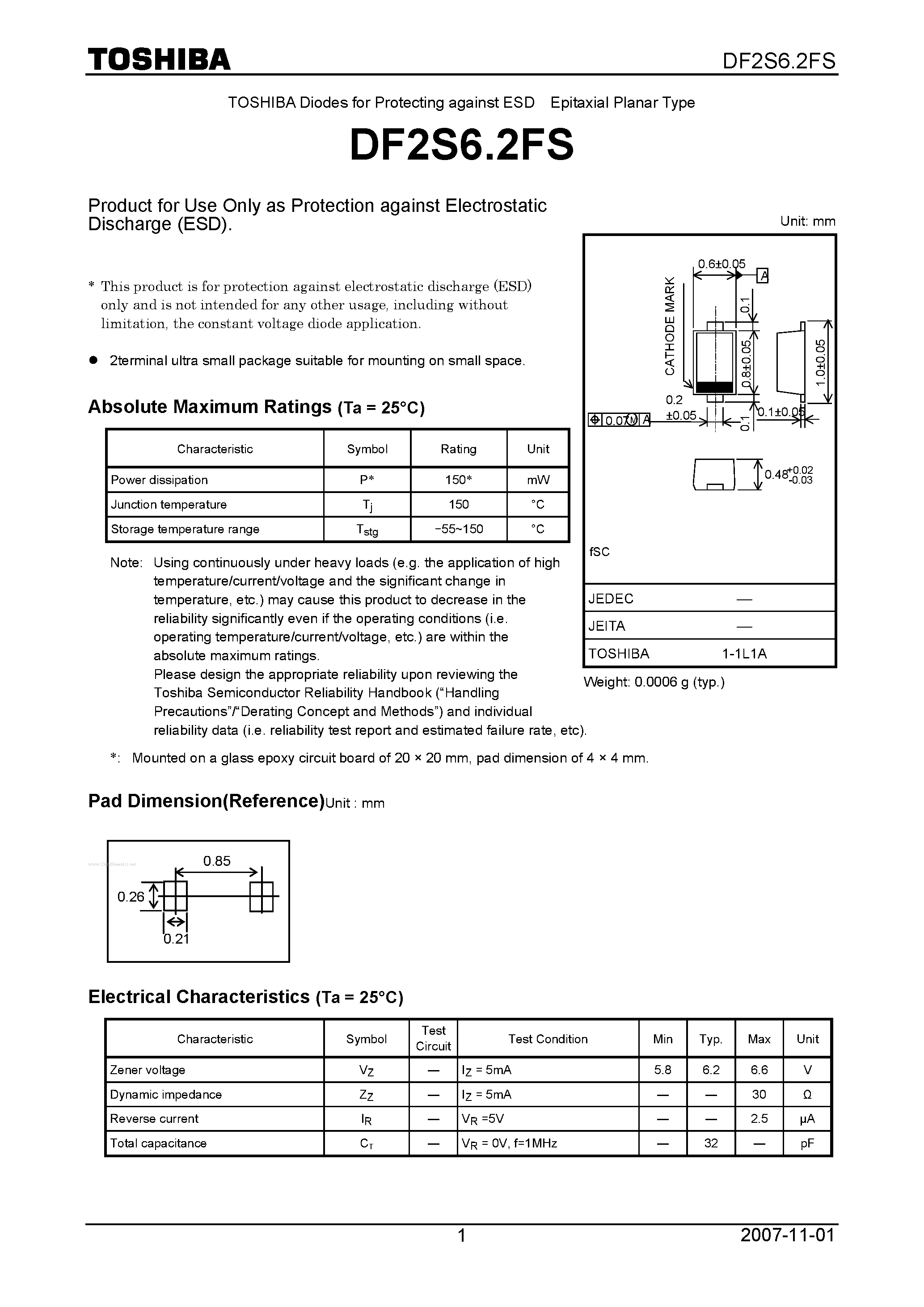 Даташит DF2S6.2FS - Diodes for Protecting against ESD страница 1