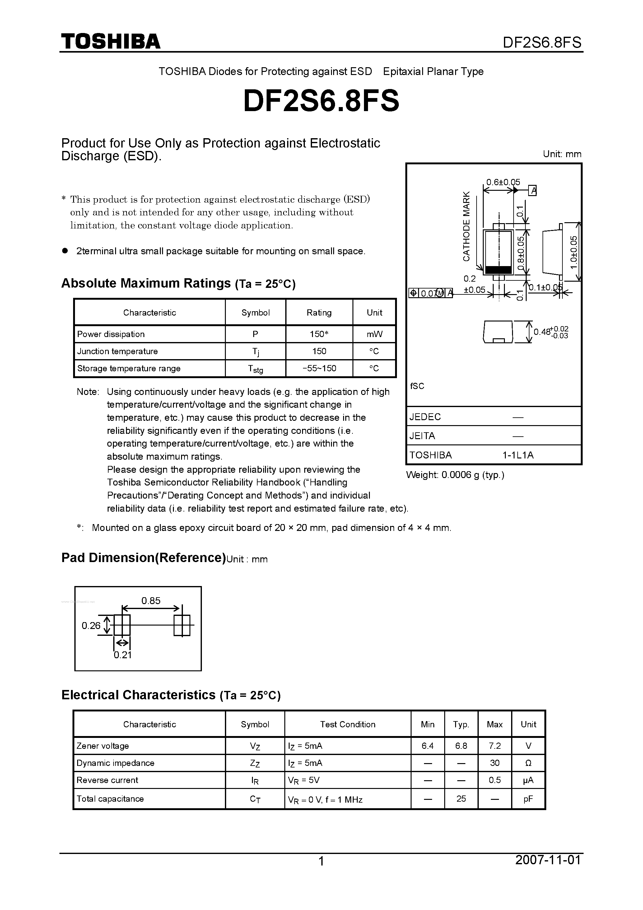 Даташит DF2S6.8FS - Diodes for Protecting against ESD страница 1