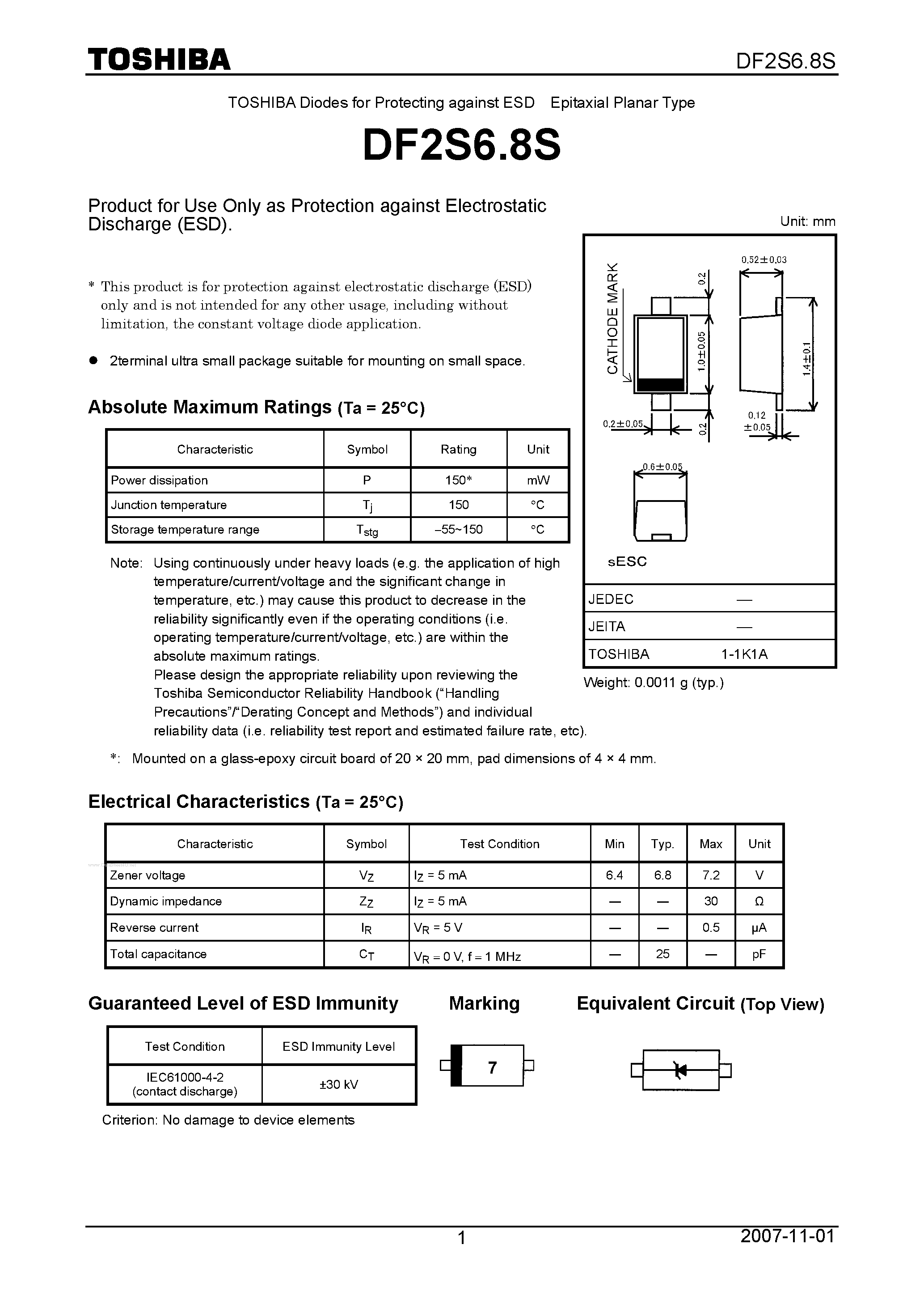 Даташит на микросхему DF2S6.8S страница 1 Даташит DF2S6.8S - Diodes for Protecting against ESD страница 1
