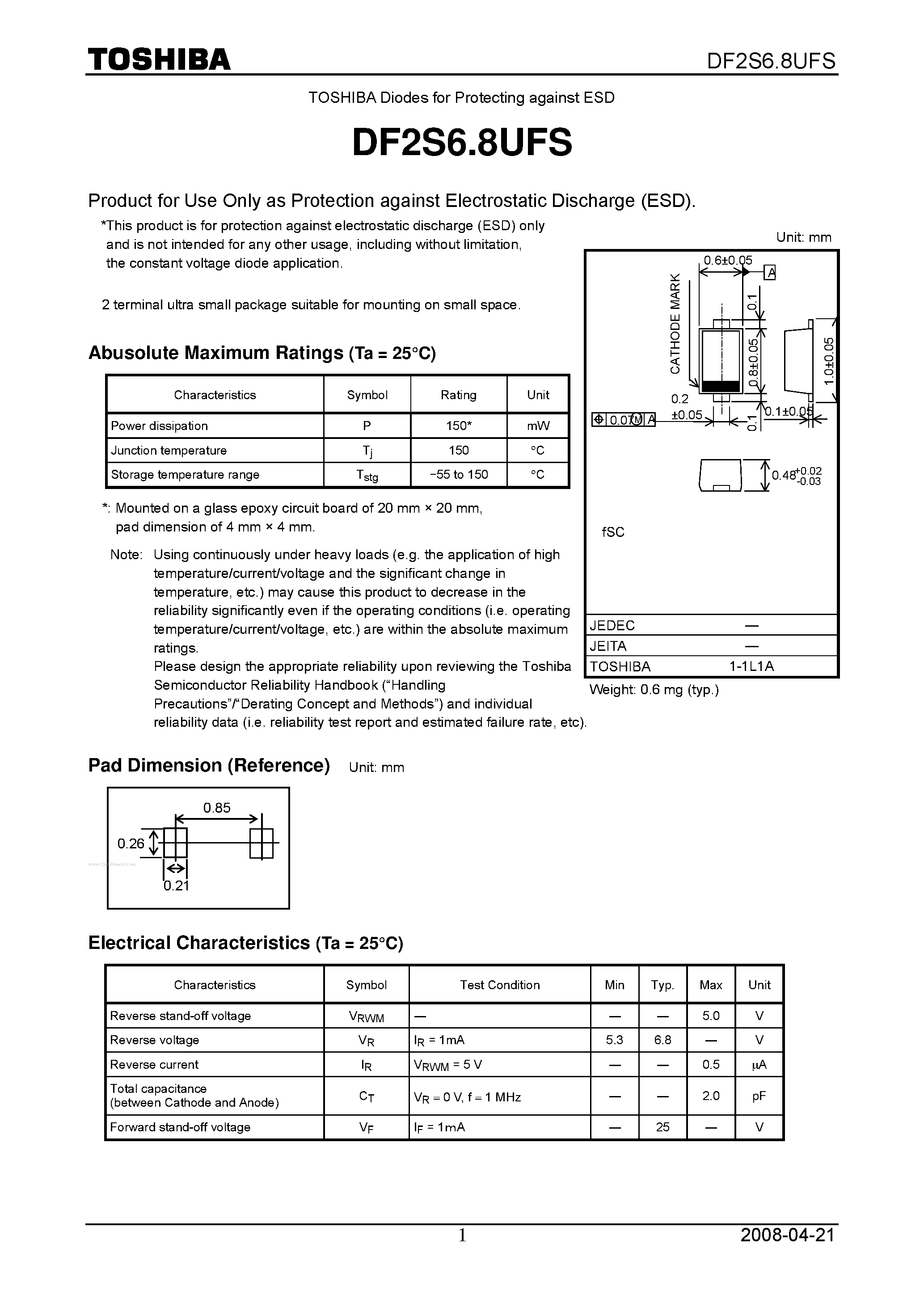 Даташит на микросхему DF2S6.8UFS страница 1 Даташит DF2S6.8UFS - Diodes for Protecting against ESD страница 1