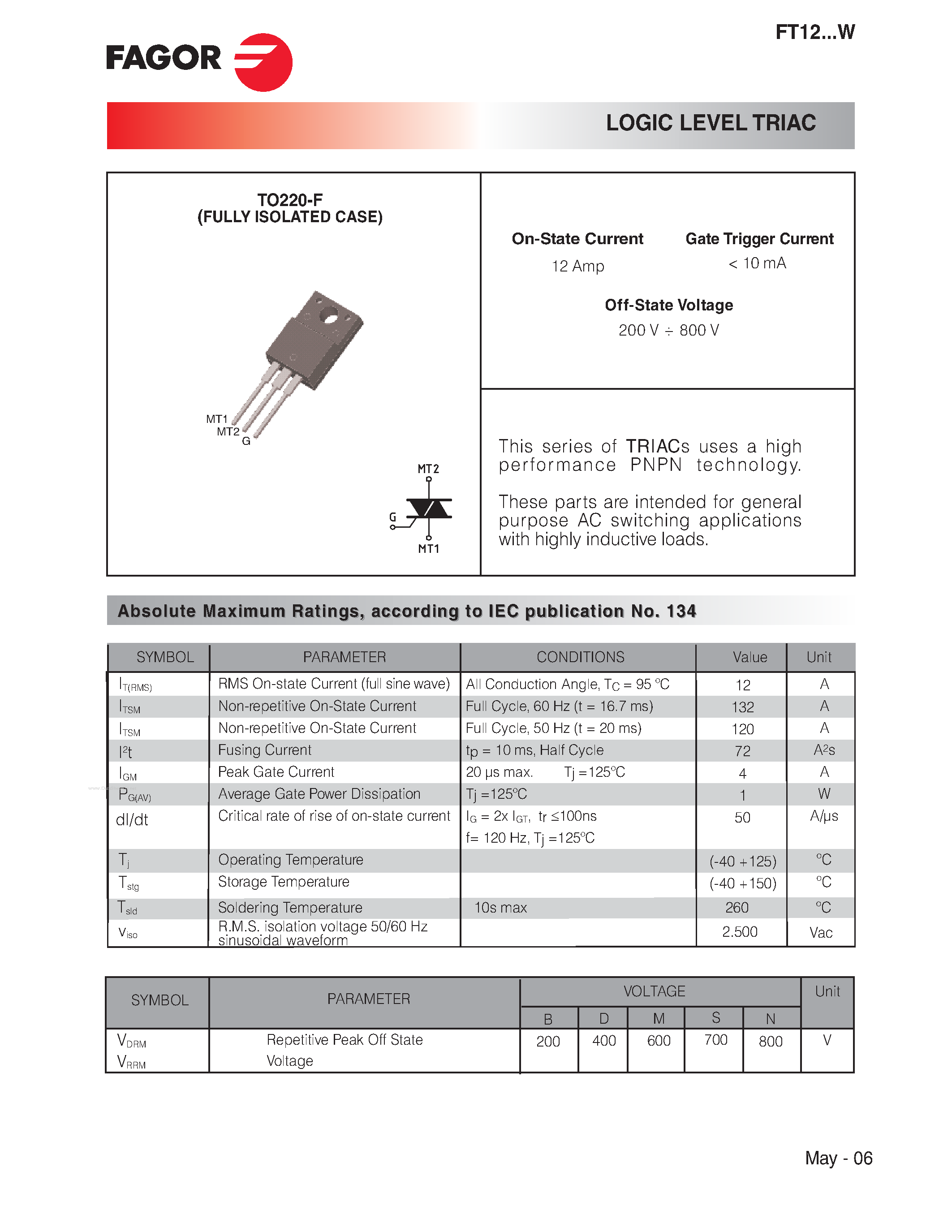 Datasheet FT1208MW page 1 Datasheet FT1208MW - LOGIC LEVEL TRIAC page 1