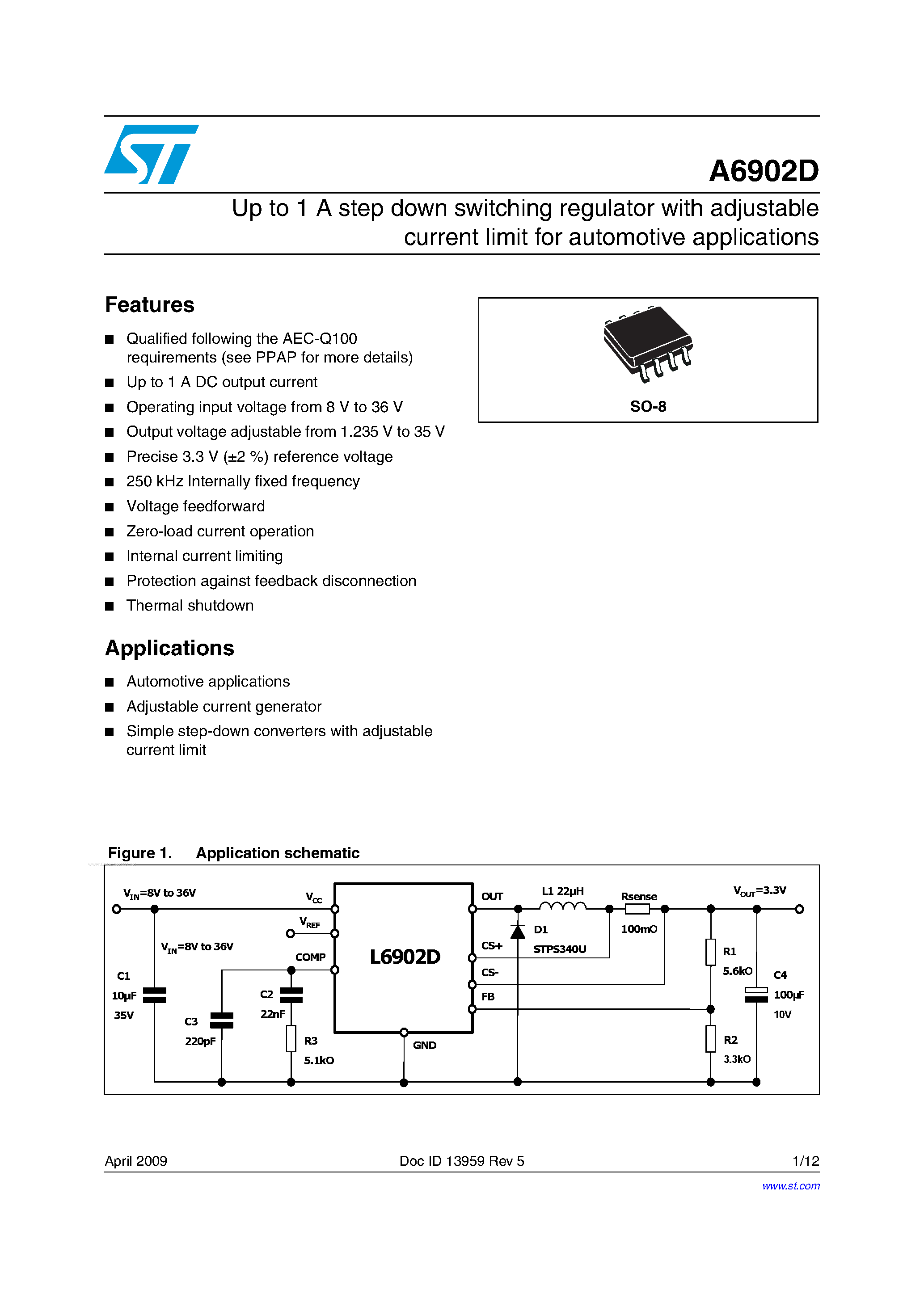 Даташит на микросхему A6902D страница 1 Даташит A6902D - Up to 1 A step down switching regulator страница 1