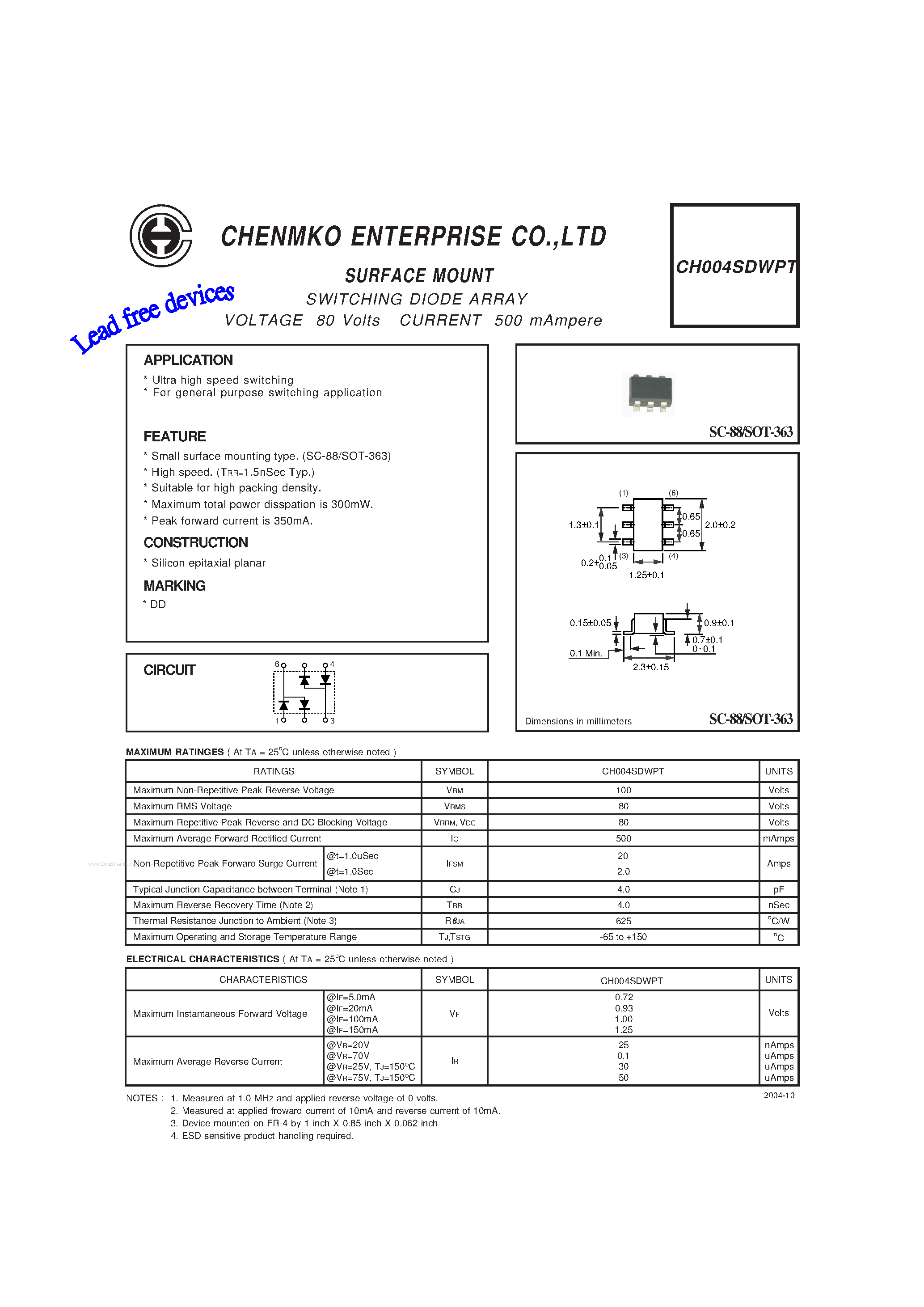 Даташит на микросхему CH004SDWPT страница 1 Даташит CH004SDWPT - SWITCHING DIODE ARRAY страница 1