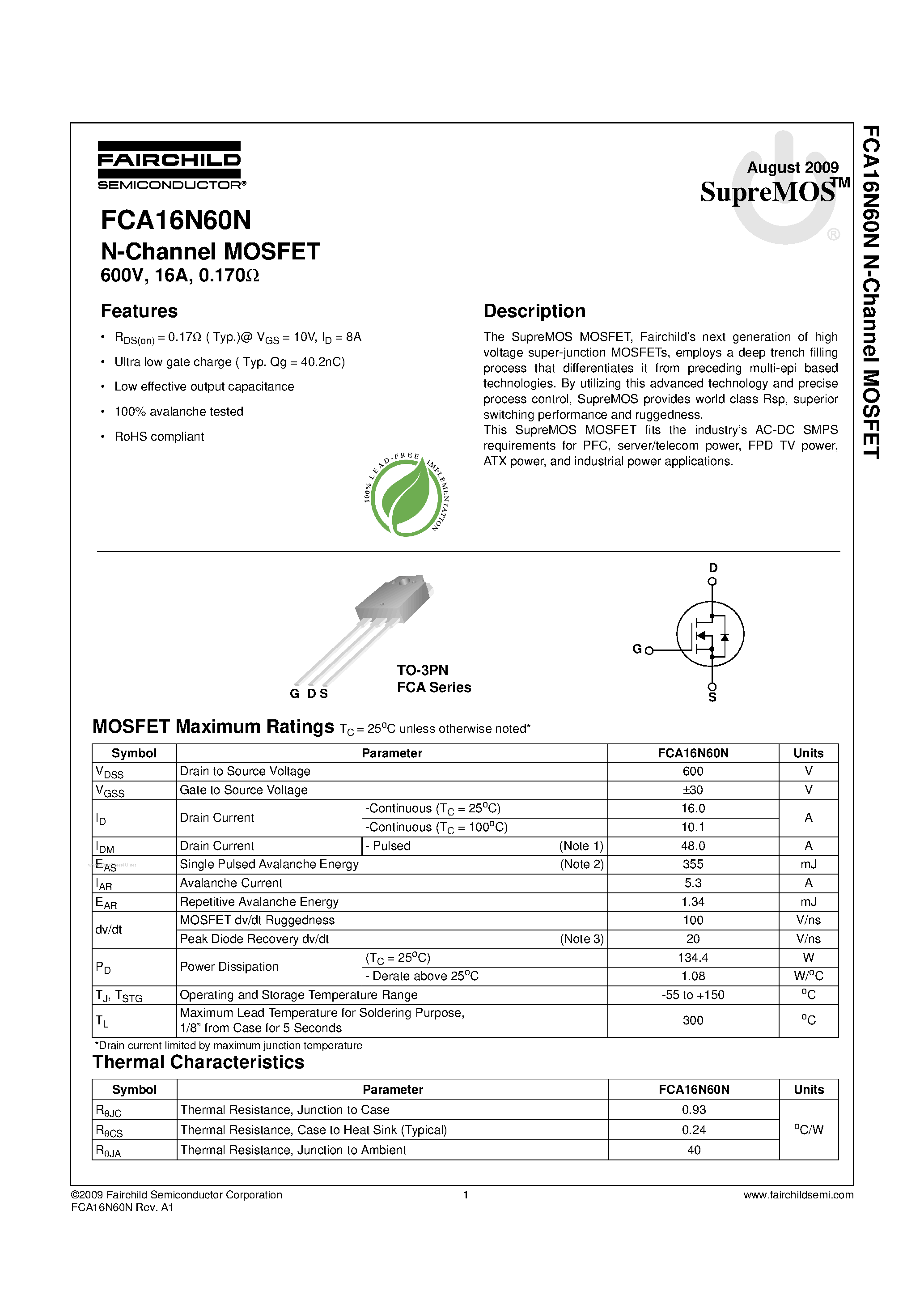 Datasheet FCA16N60N - N-Channel MOSFET page 1